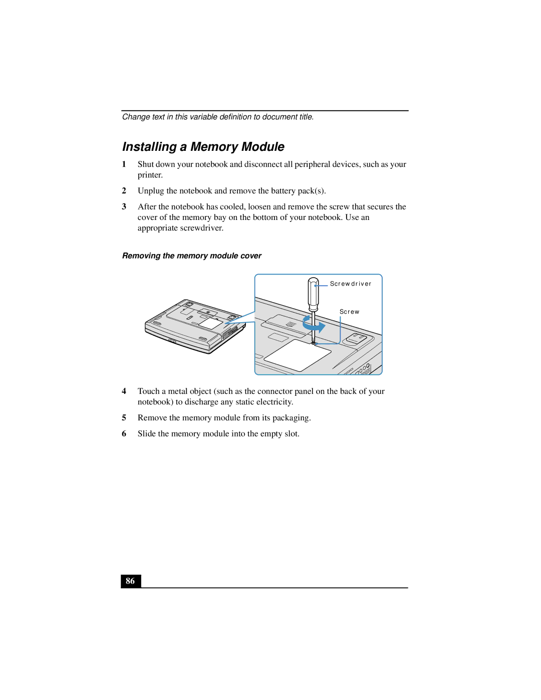 Sony PCGA-UMS1 manual Installing a Memory Module 