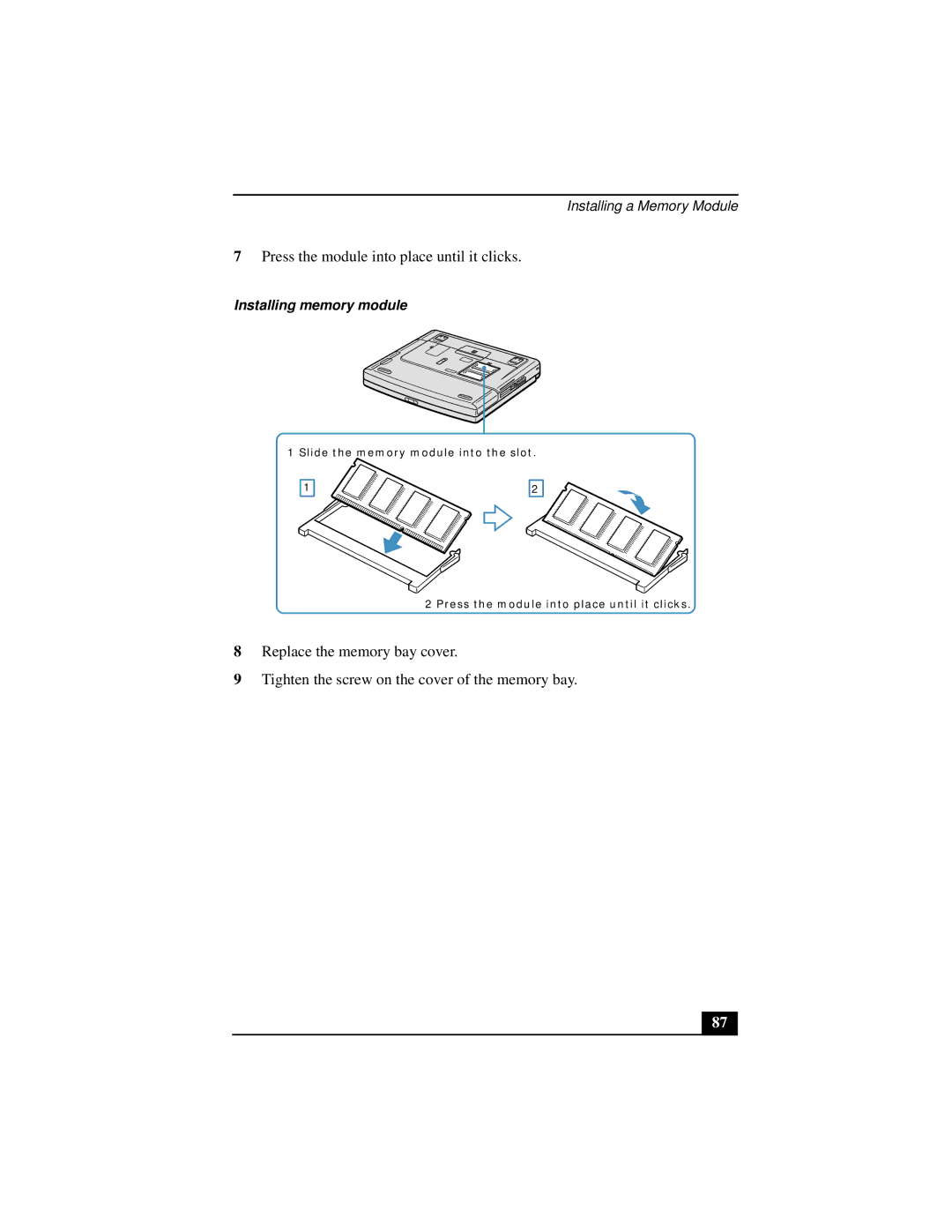 Sony PCGA-UMS1 manual Press the module into place until it clicks, Installing memory module 