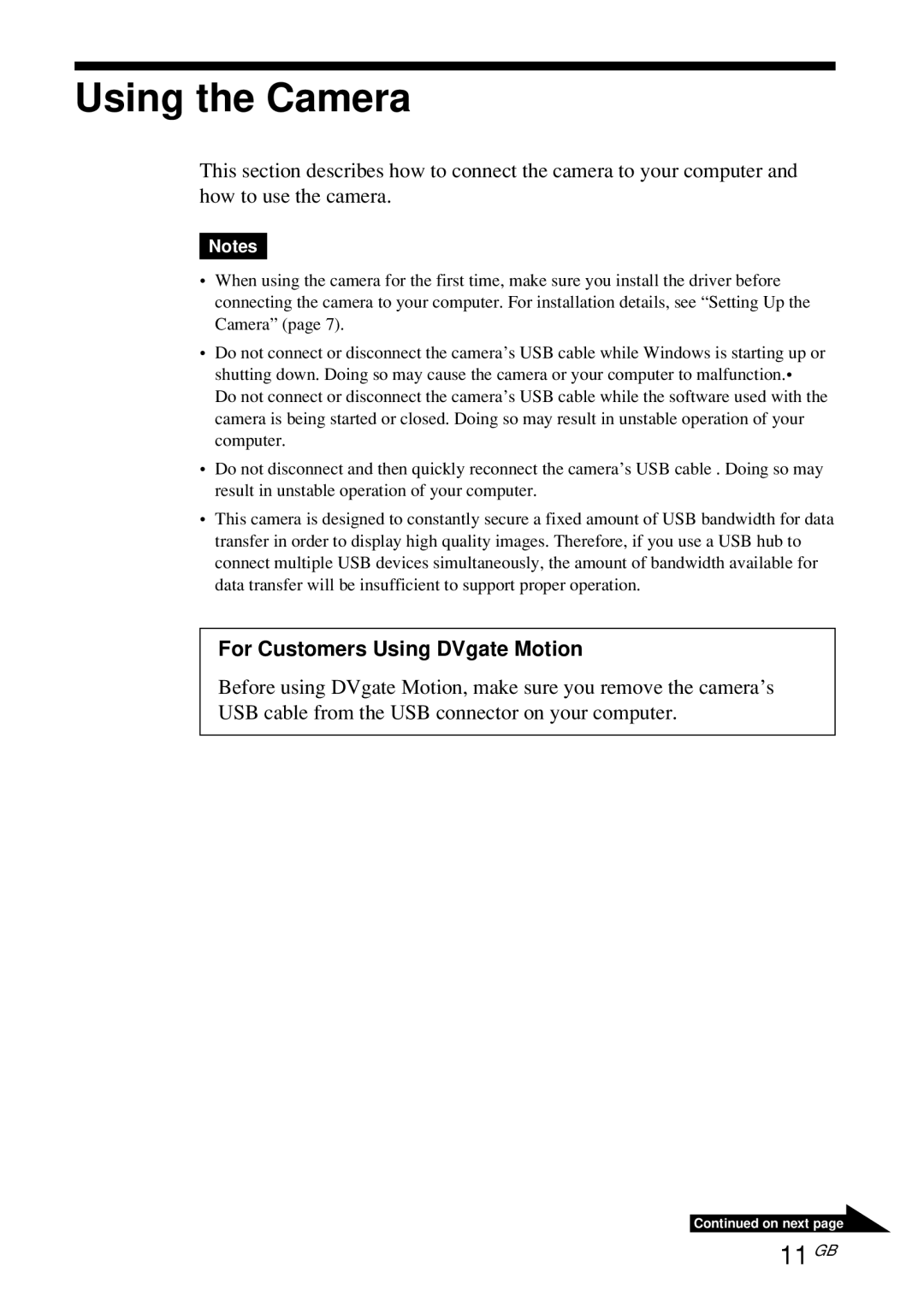 Sony PCGA-UVC10 operating instructions Using the Camera, 11 GB 