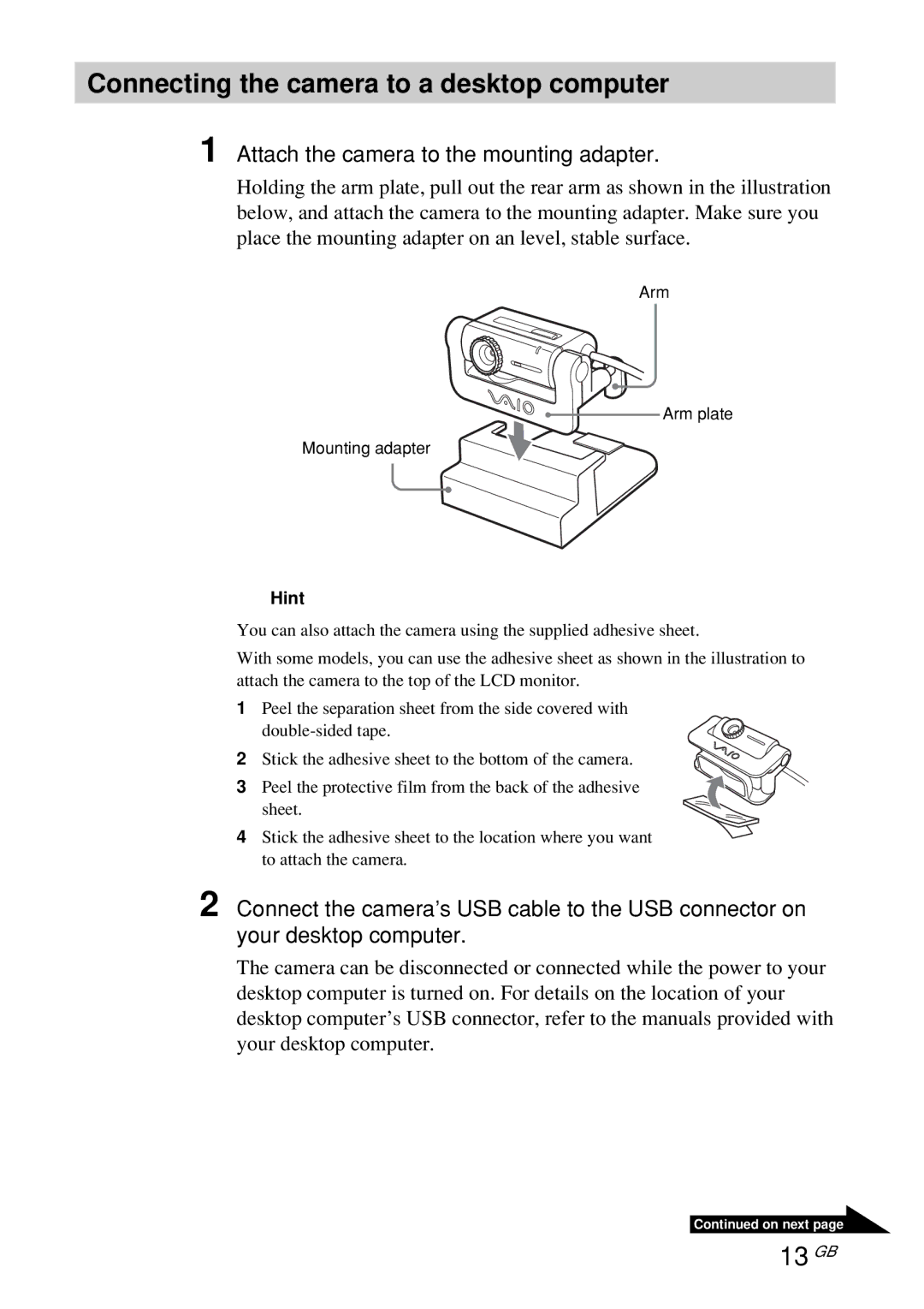 Sony PCGA-UVC10 operating instructions Connecting the camera to a desktop computer, 13 GB 