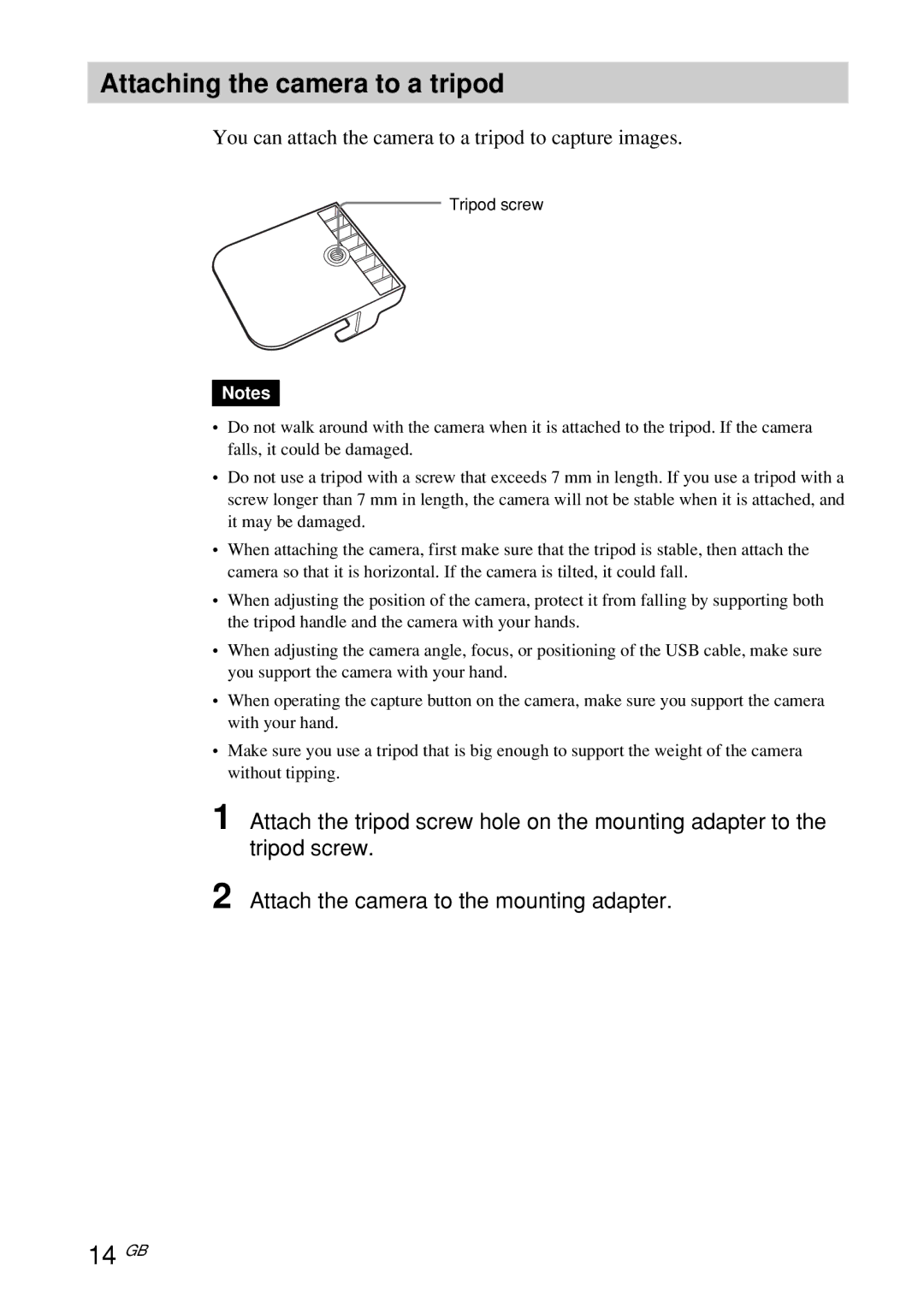 Sony PCGA-UVC10 operating instructions Attaching the camera to a tripod, 14 GB 