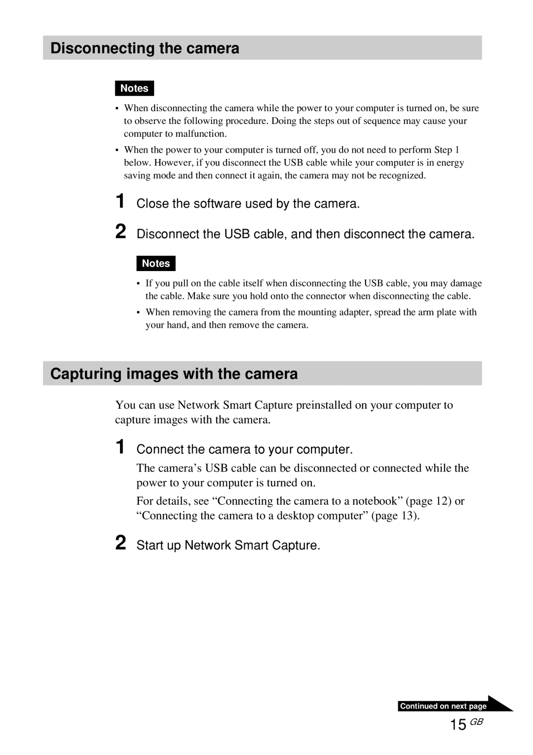 Sony PCGA-UVC10 operating instructions Disconnecting the camera, Capturing images with the camera, 15 GB 