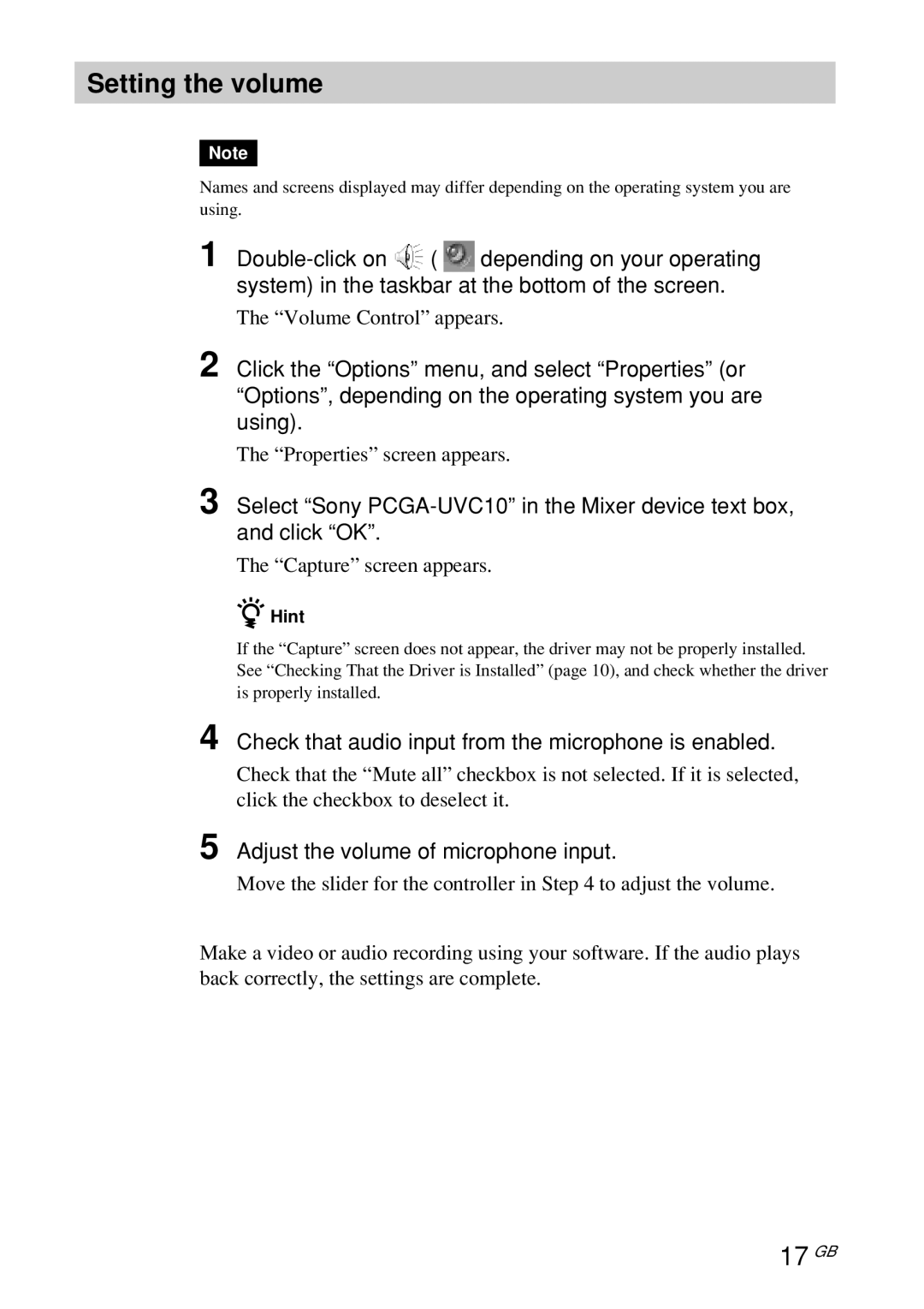 Sony PCGA-UVC10 operating instructions Setting the volume, 17 GB 