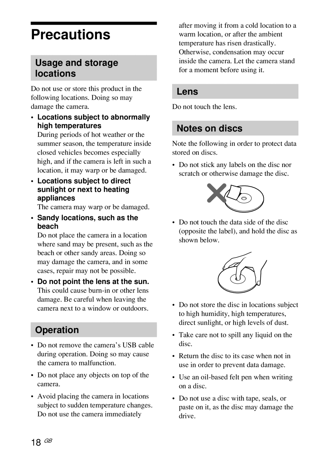 Sony PCGA-UVC10 operating instructions Precautions, Usage and storage Locations, Operation, Lens, 18 GB 