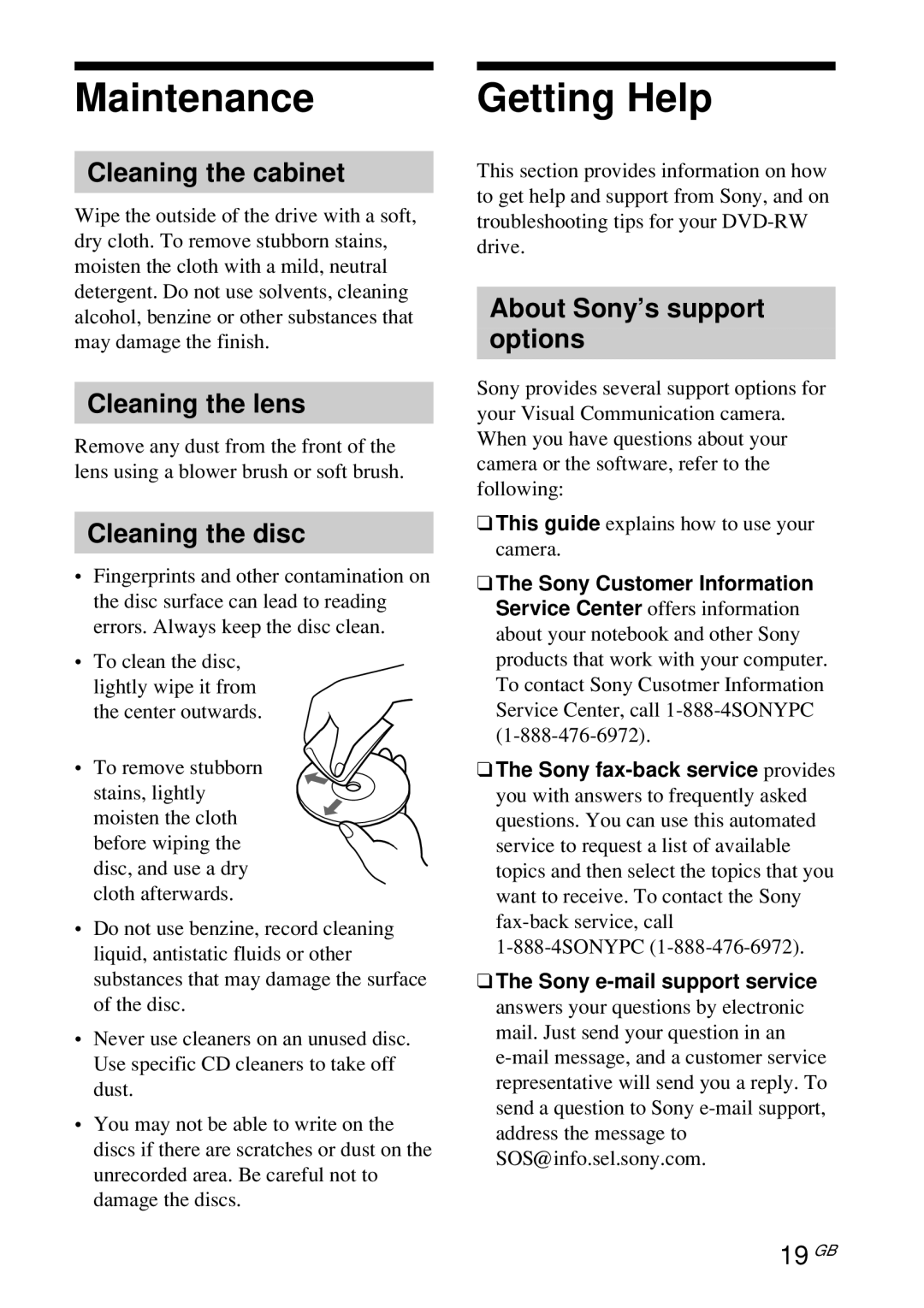 Sony PCGA-UVC10 operating instructions Maintenance, Getting Help 