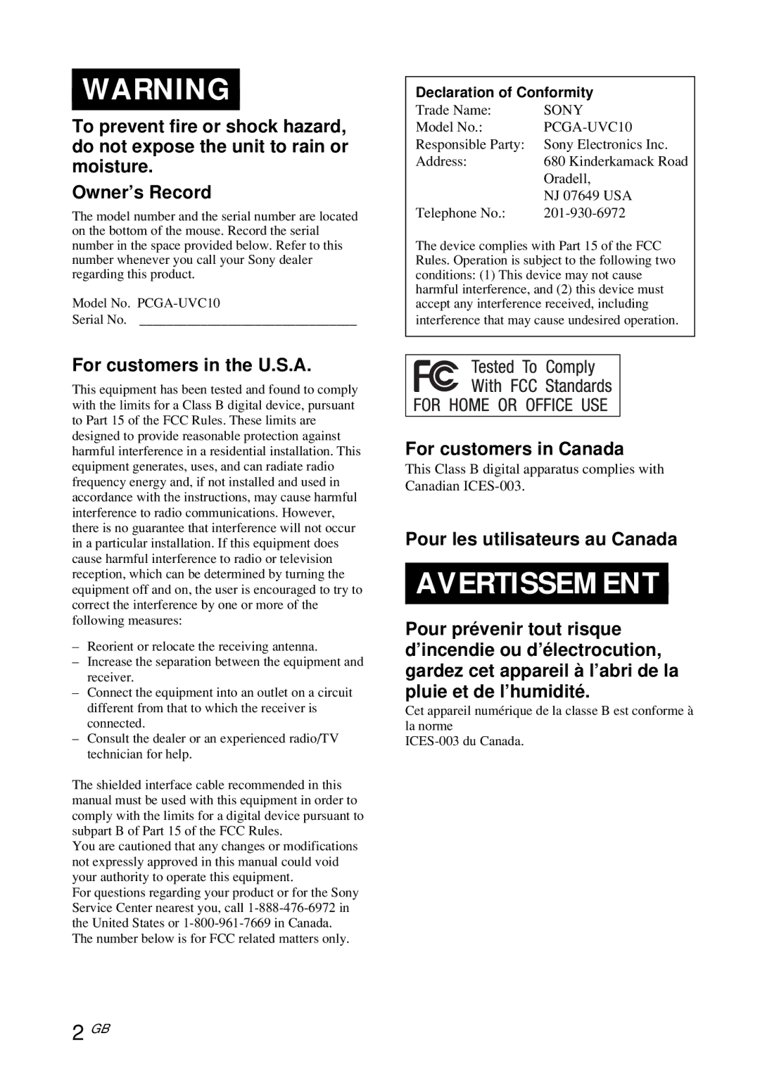 Sony PCGA-UVC10 operating instructions Avertissement 