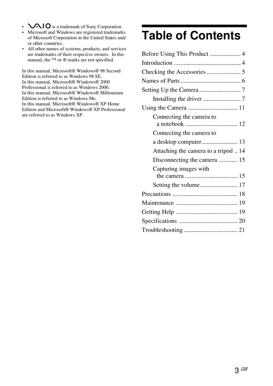 Sony PCGA-UVC10 operating instructions Table of Contents 