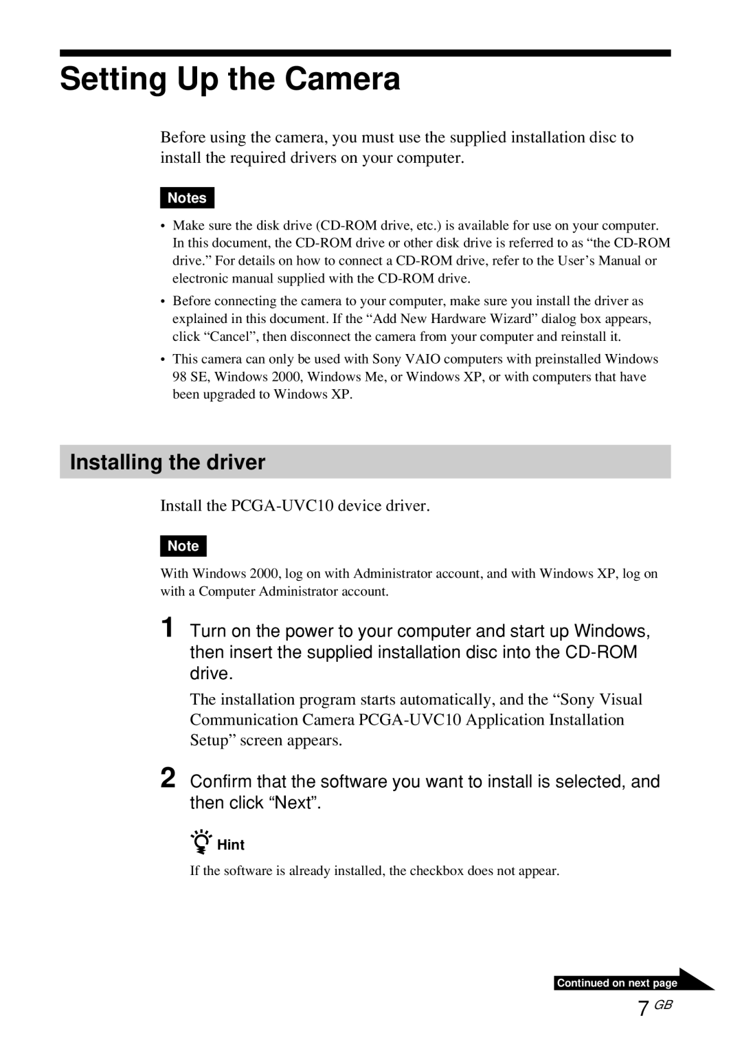 Sony PCGA-UVC10 operating instructions Setting Up the Camera, Installing the driver 