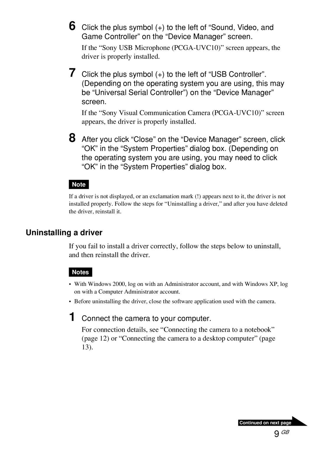 Sony PCGA-UVC10 operating instructions Uninstalling a driver 