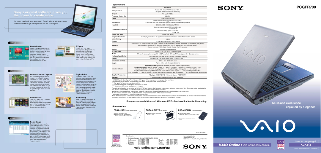 Sony PCGFR700 specifications Specifications, MovieShaker, DVgate, Network Smart Capture, PictureGear, SonicStage, Stills 