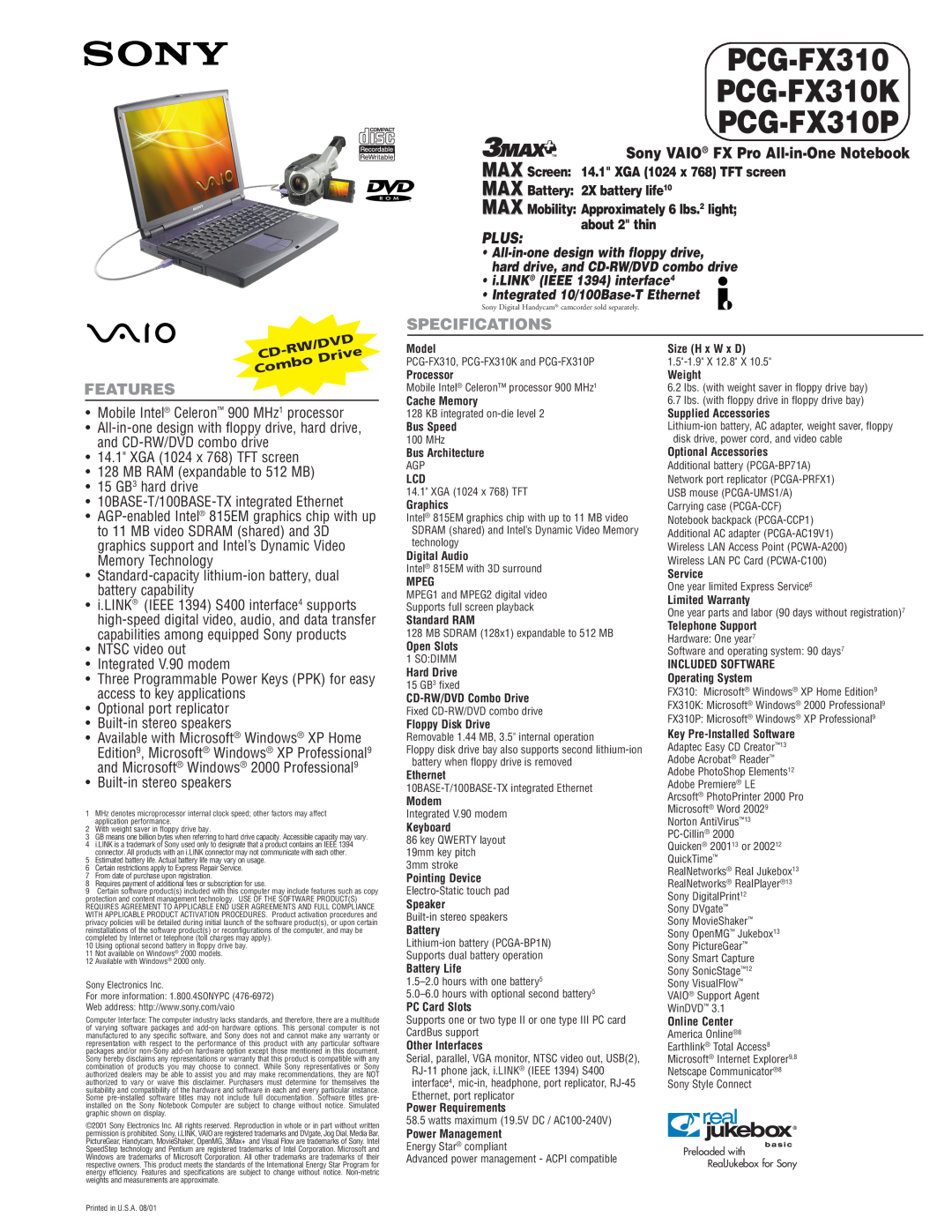 Sony PCGFX310 specifications PCG-FX310 PCG-FX310K PCG-FX310P, Features, Sony VAIO FX Pro All-in-One Notebook, Plus 