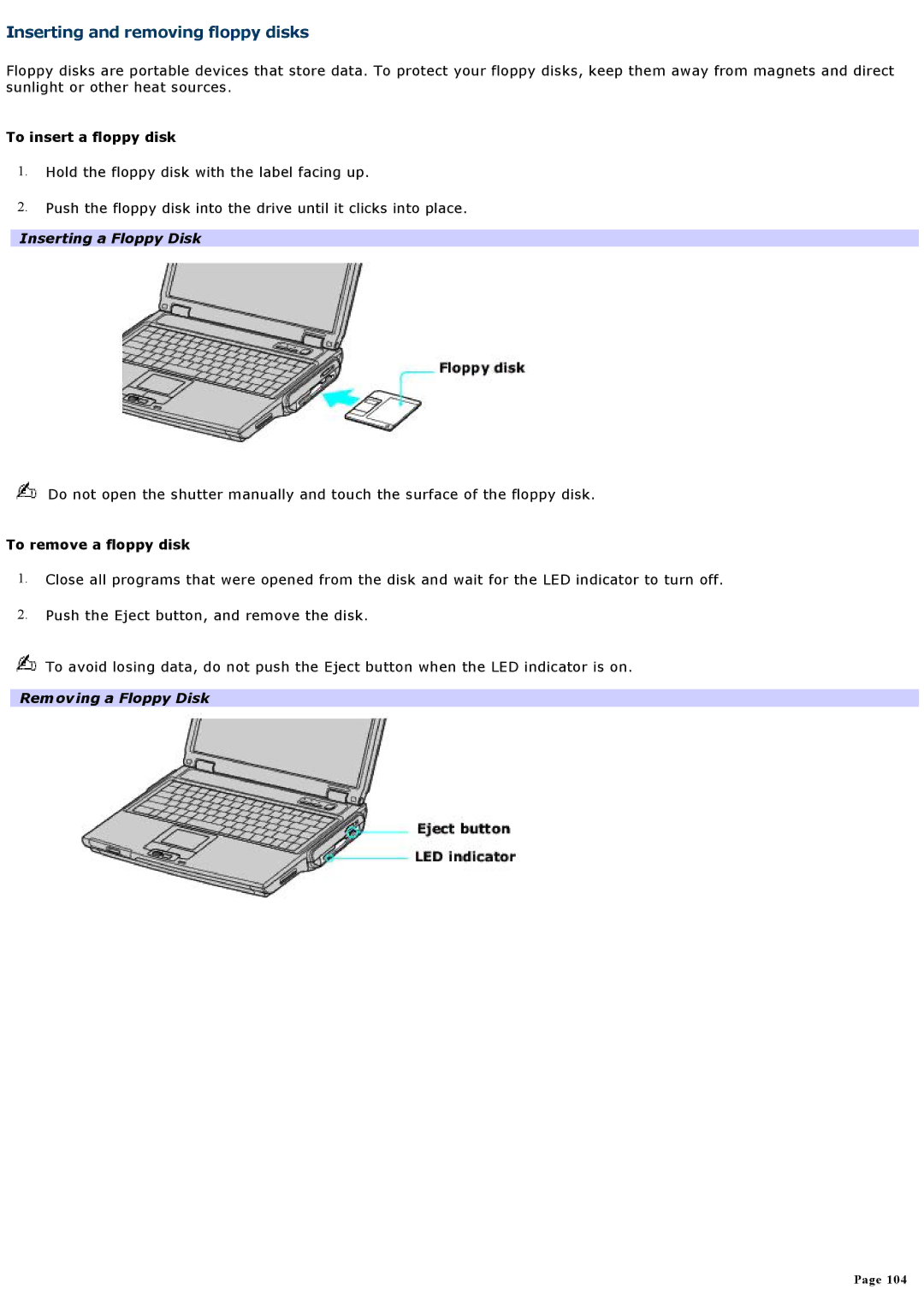 Sony PCGNV200 specifications Inserting and removing floppy disks, To insert a floppy disk, Inserting a Floppy Disk 