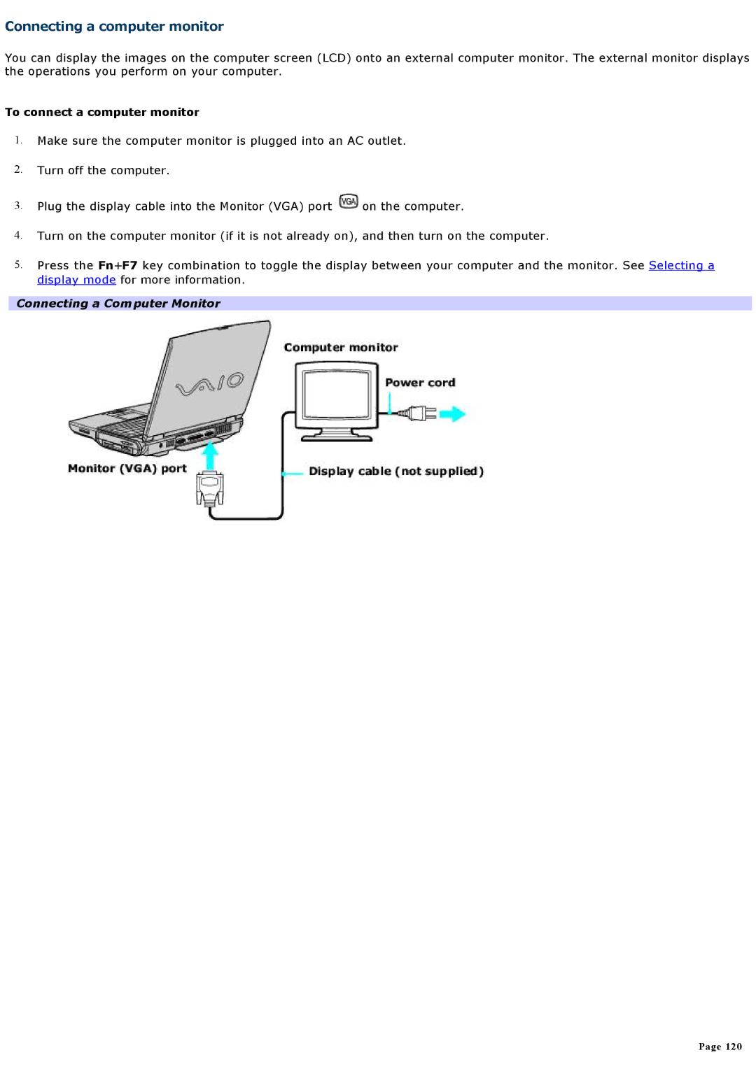 Sony PCGNV200 specifications Connecting a computer monitor, To connect a computer monitor, Connecting a Computer Monitor 