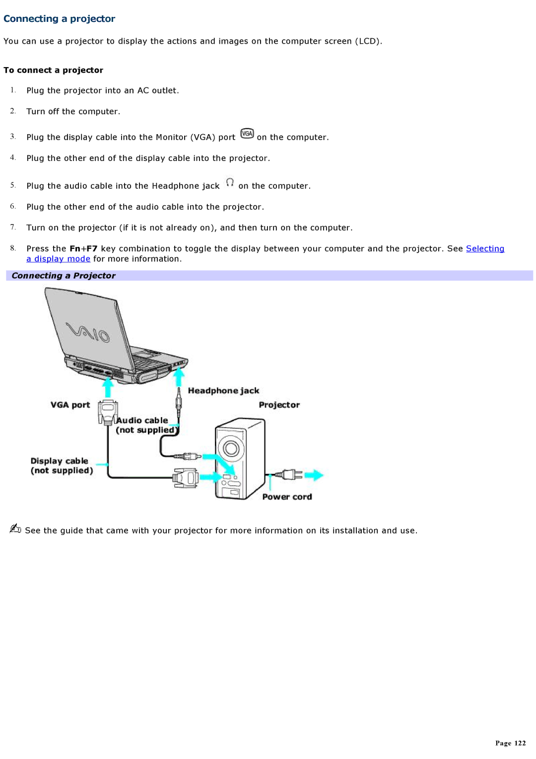 Sony PCGNV200 specifications Connecting a projector, To connect a projector, Connecting a Projector 