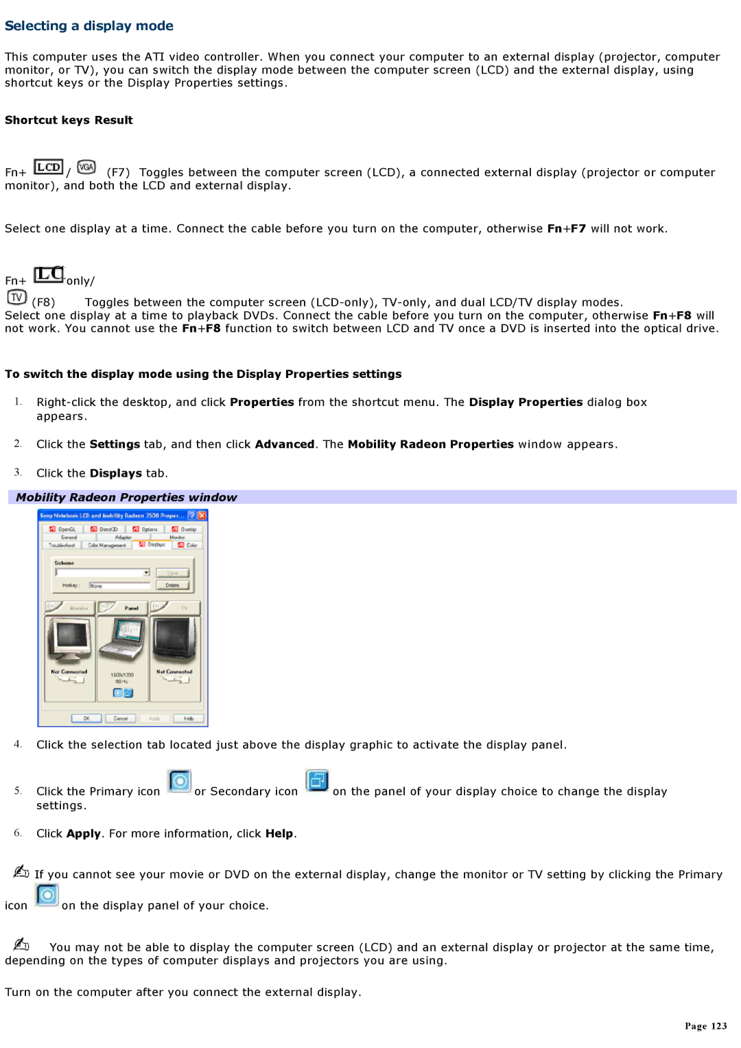 Sony PCGNV200 specifications Selecting a display mode, Shortcut keys Result, Mobility Radeon Properties window 