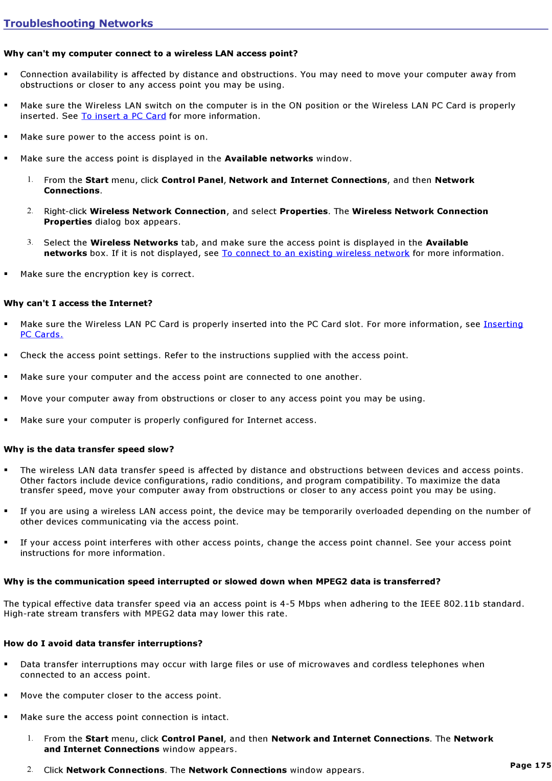 Sony PCGNV200 specifications Troubleshooting Networks, Why cant my computer connect to a wireless LAN access point? 