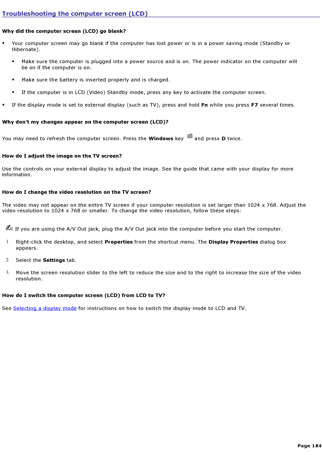 Sony PCGNV200 specifications Troubleshooting the computer screen LCD, Why did the computer screen LCD go blank? 