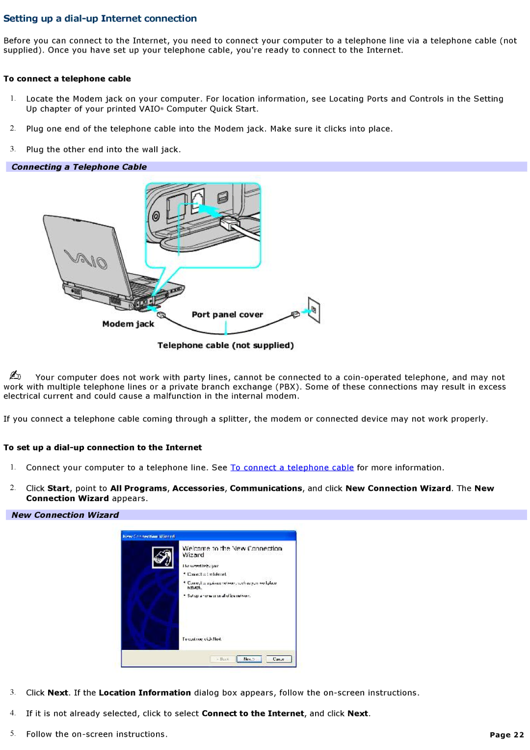 Sony PCGNV200 Setting up a dial-up Internet connection, To connect a telephone cable, Connecting a Telephone Cable 