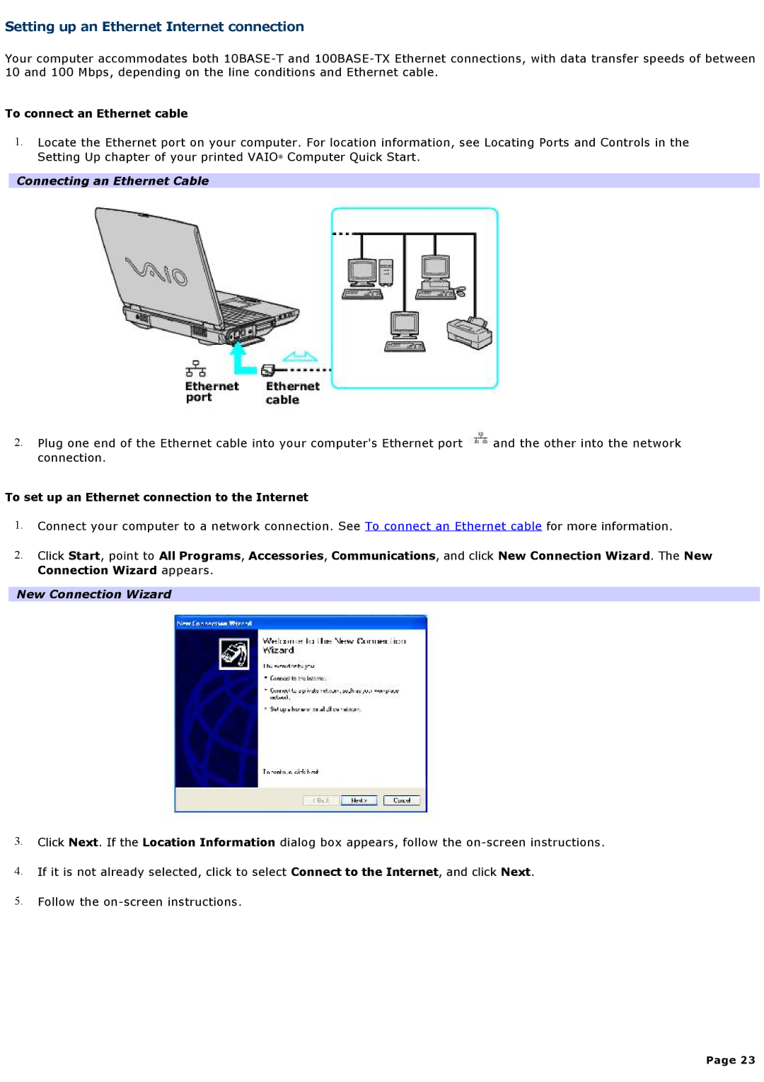 Sony PCGNV200 Setting up an Ethernet Internet connection, To connect an Ethernet cable, Connecting an Ethernet Cable 