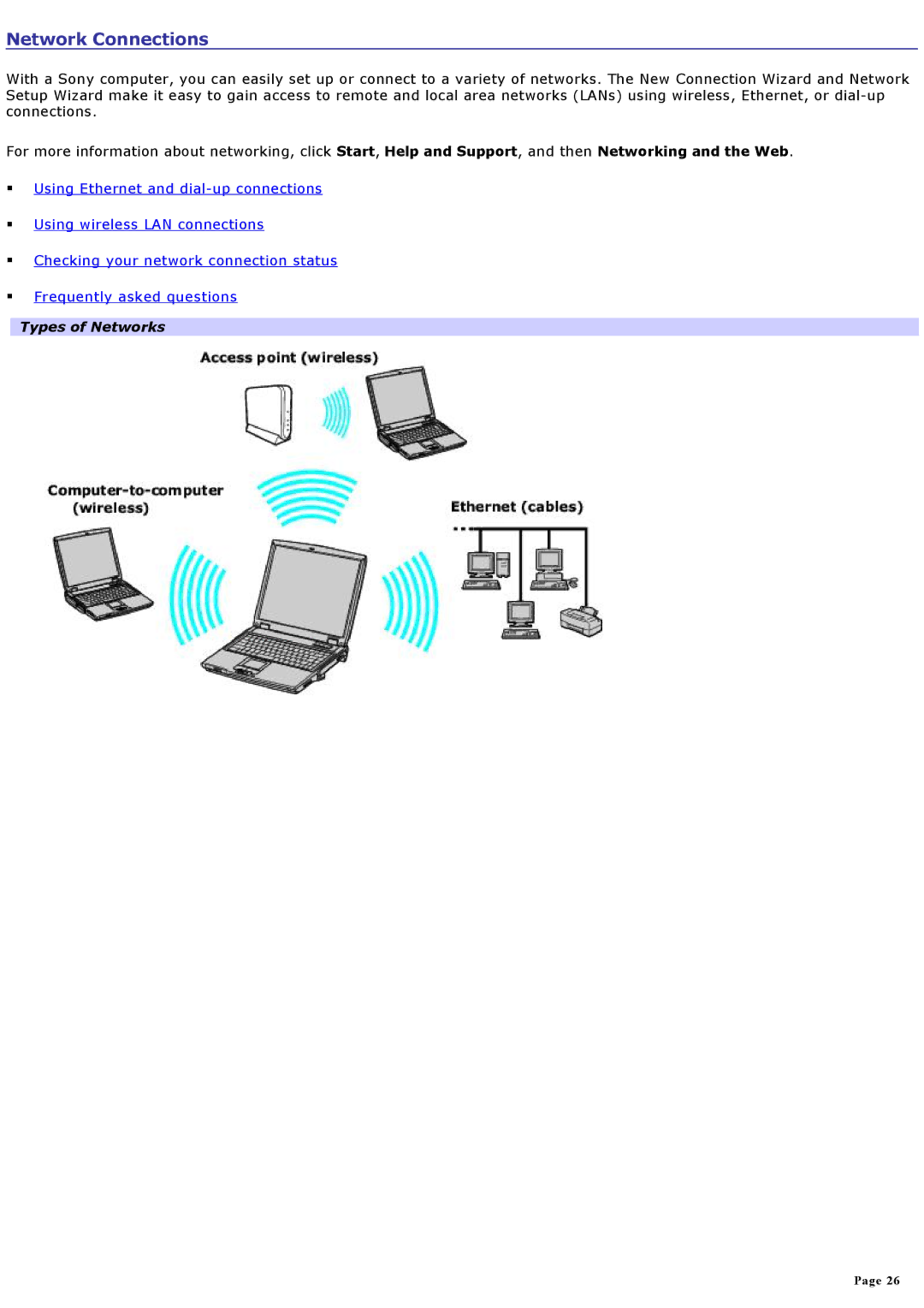 Sony PCGNV200 specifications Network Connections, Types of Networks 