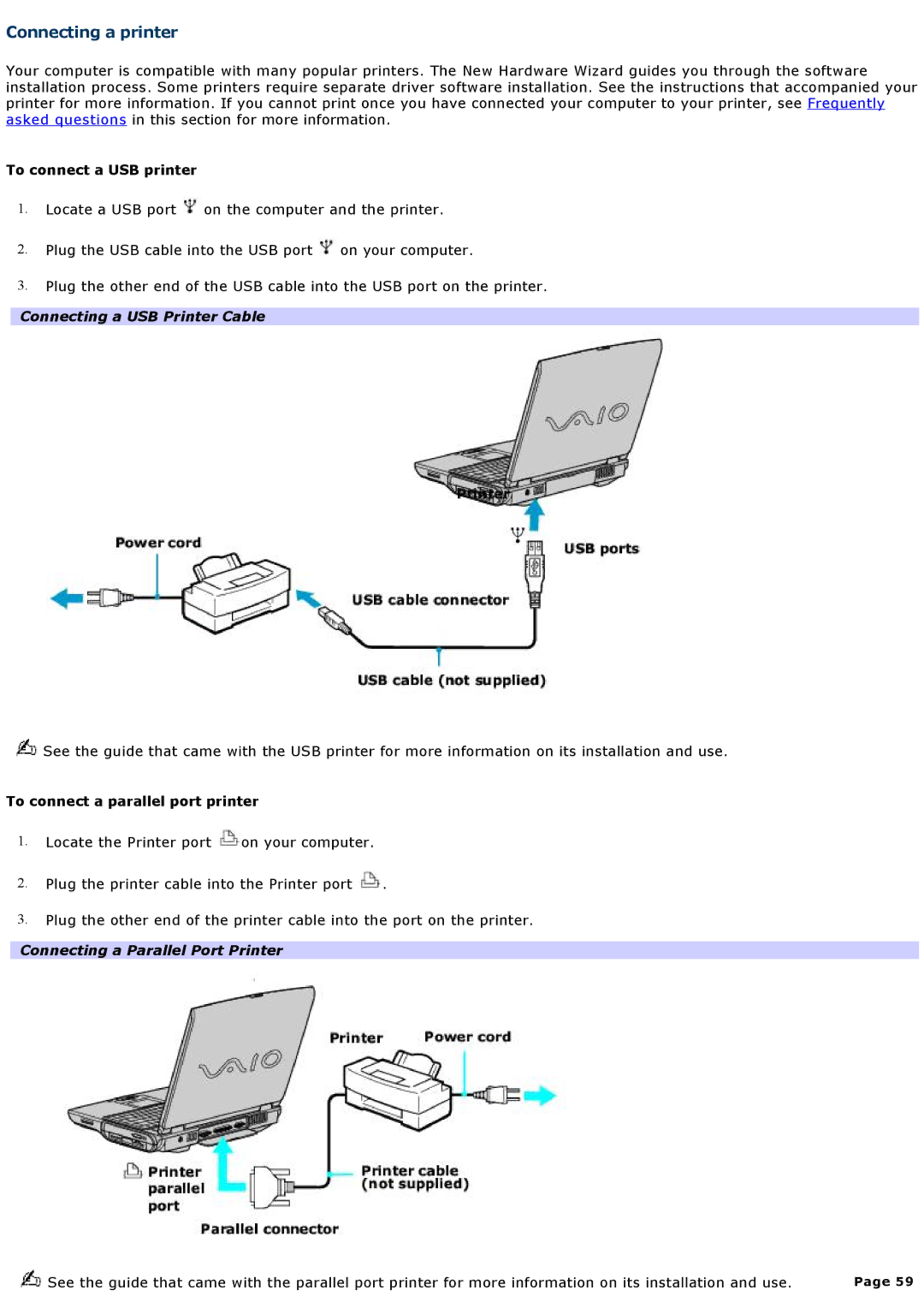 Sony PCGNV200 specifications Connecting a printer, To connect a USB printer, Connecting a USB Printer Cable 