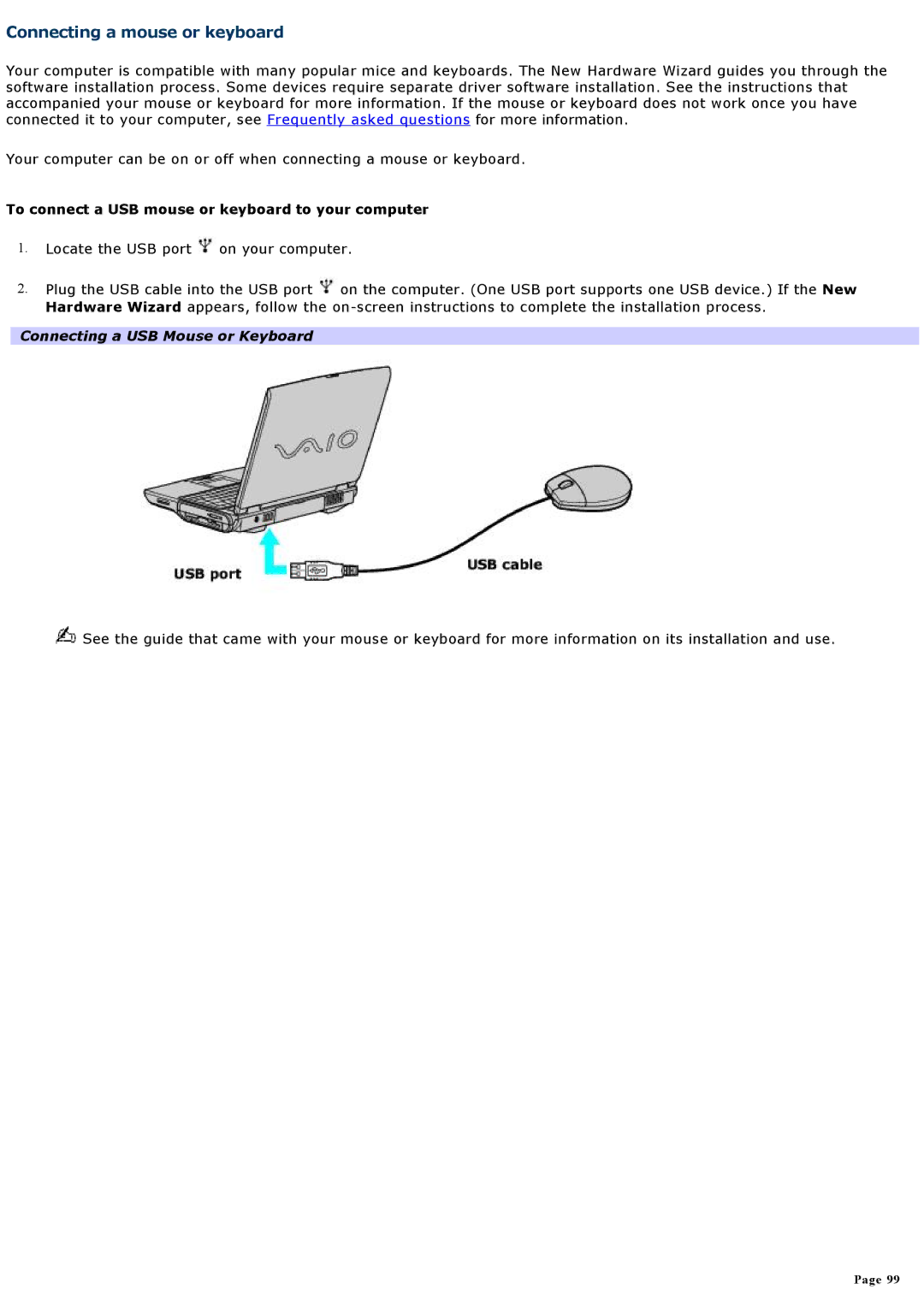 Sony PCGNV200 specifications Connecting a mouse or keyboard, To connect a USB mouse or keyboard to your computer 