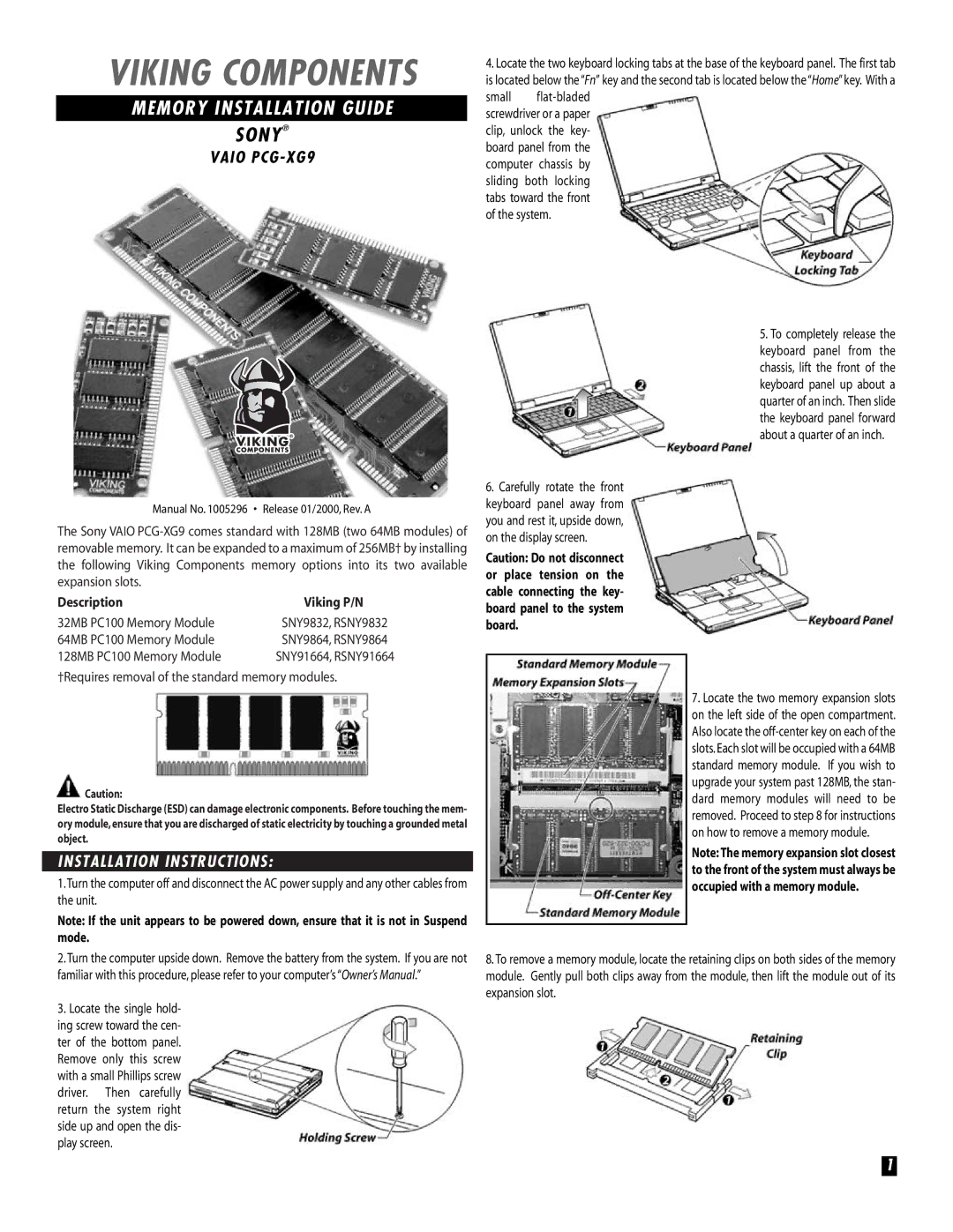 Sony PCGXG9 installation instructions Viking Components, Memory Installation Guide, Sony, Vaio PCG-XG9 