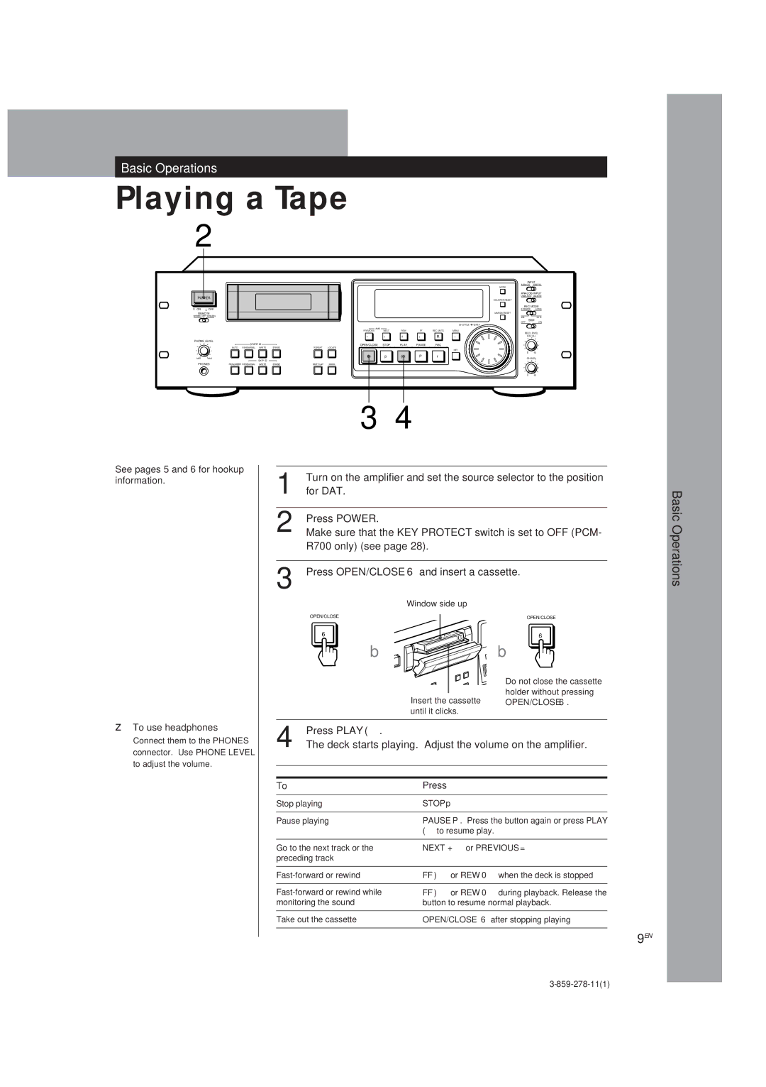 Sony PCM-R700, PCM-R500 manual See pages 5 and 6 for hookup information To use headphones, Press, Open/Close 