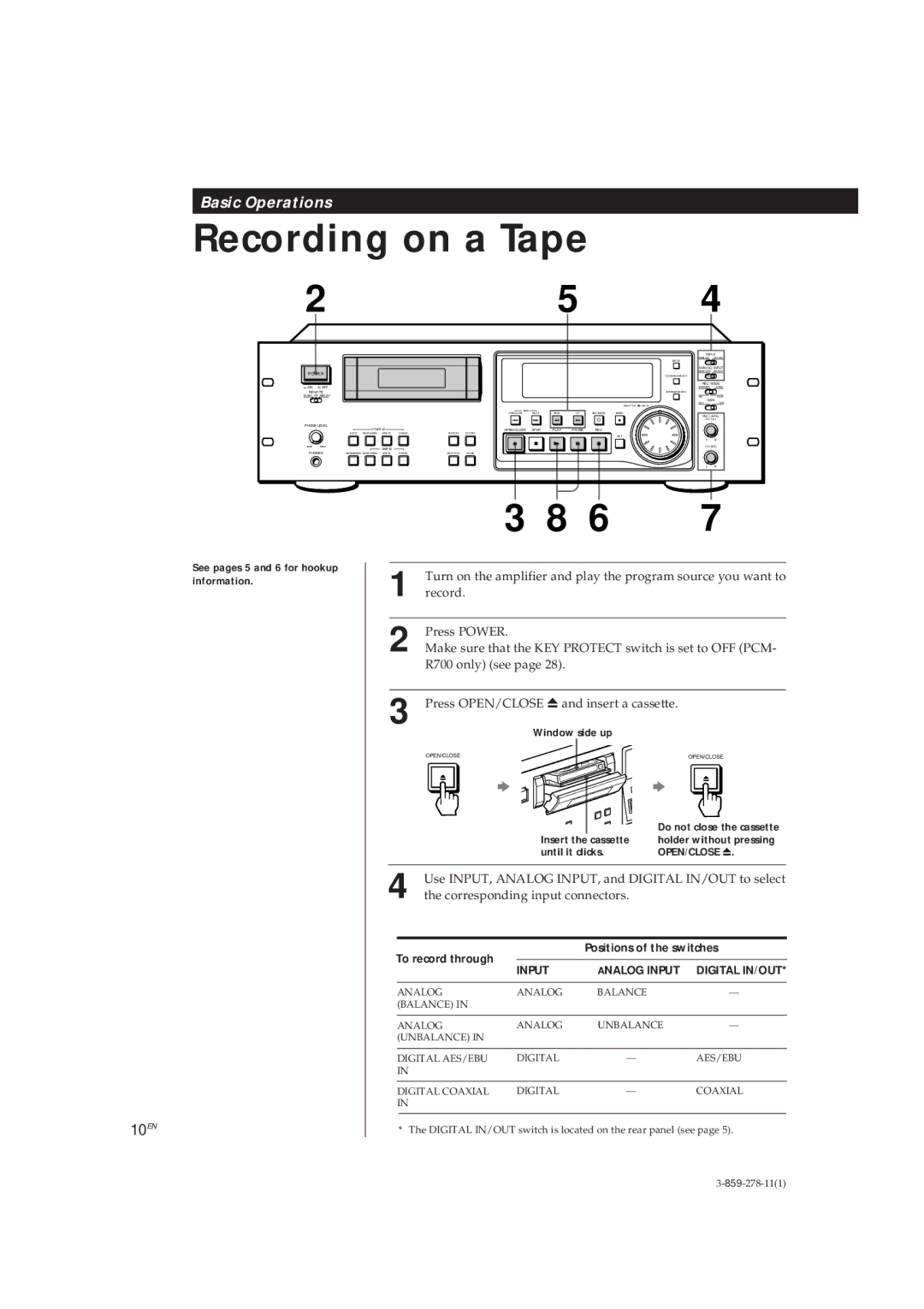 Sony PCM-R500, PCM-R700 manual 10EN, See pages 5 and 6 for hookup information, To record through Positions of the switches 