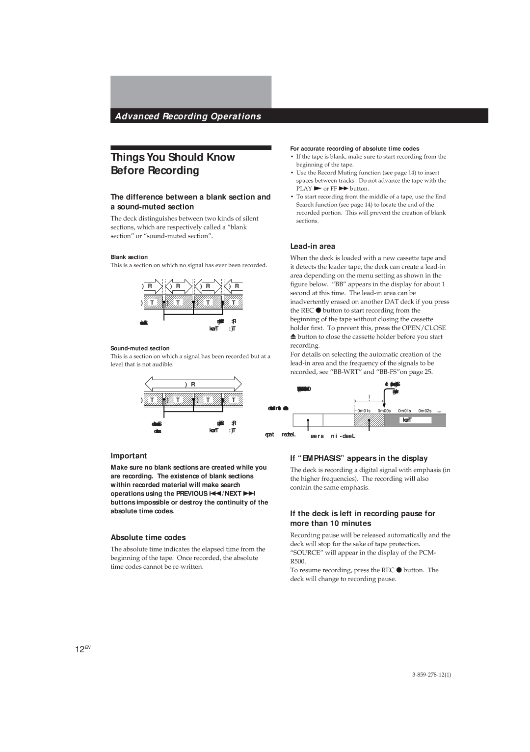 Sony PCM-R500, PCM-R700 manual Things You Should Know Before Recording, Lead-in area, Absolute time codes, 12EN 