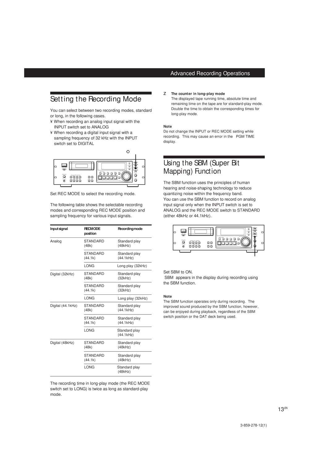 Sony PCM-R700, PCM-R500 manual Setting the Recording Mode, Using the SBM Super Bit Mapping Function, 13EN, Recmode 