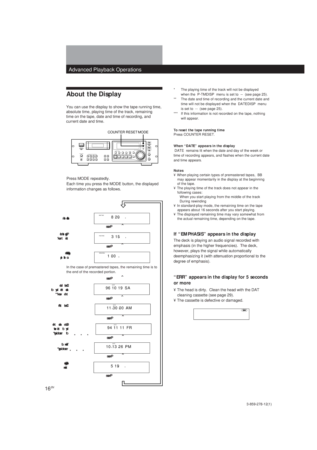 Sony PCM-R500 About the Display, ERR appears in the display for 5 seconds or more, 16EN, To reset the tape running time 