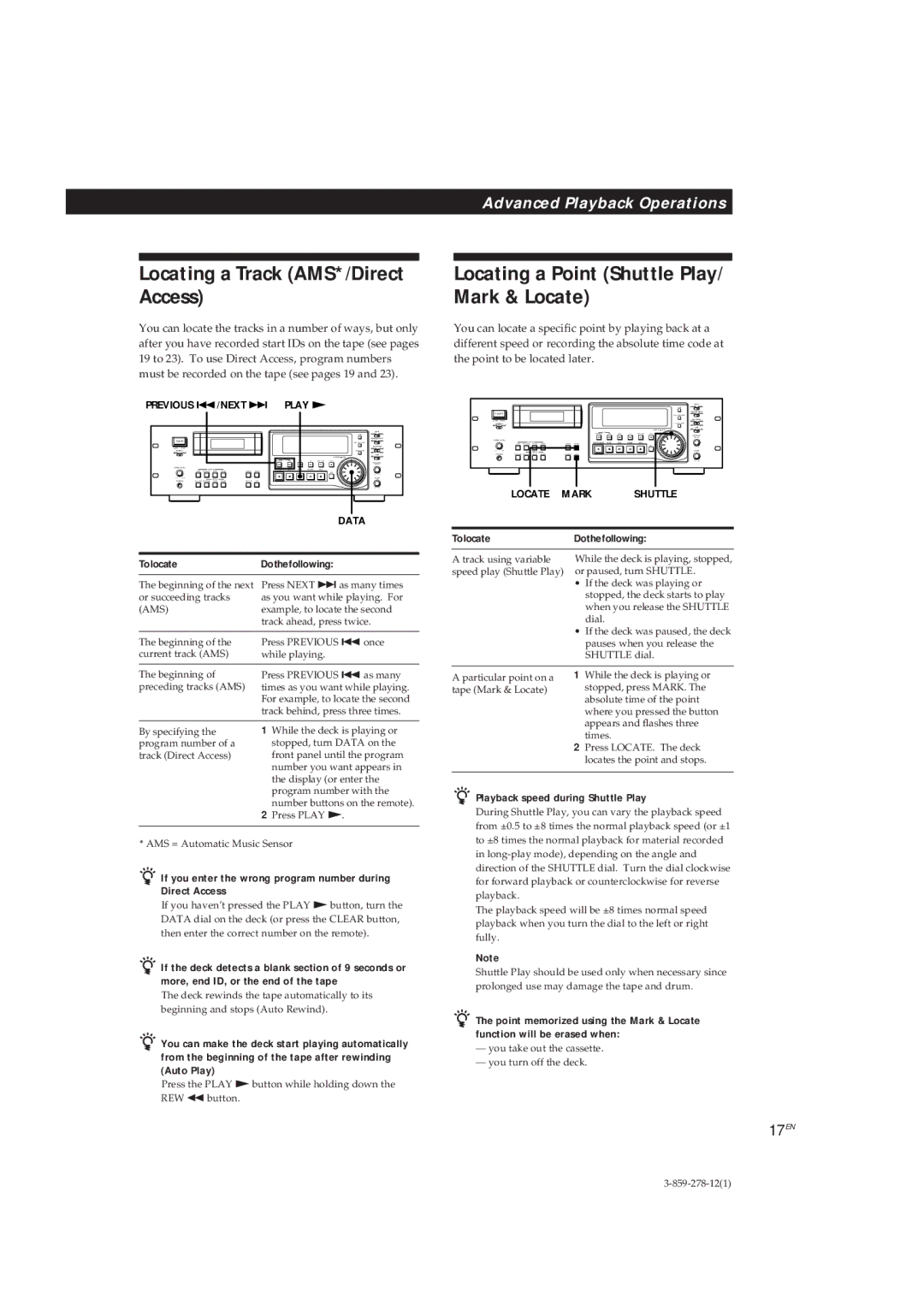 Sony PCM-R700, PCM-R500 manual Locating a Track AMS*/Direct Access, Locating a Point Shuttle Play/ Mark & Locate, 17EN 