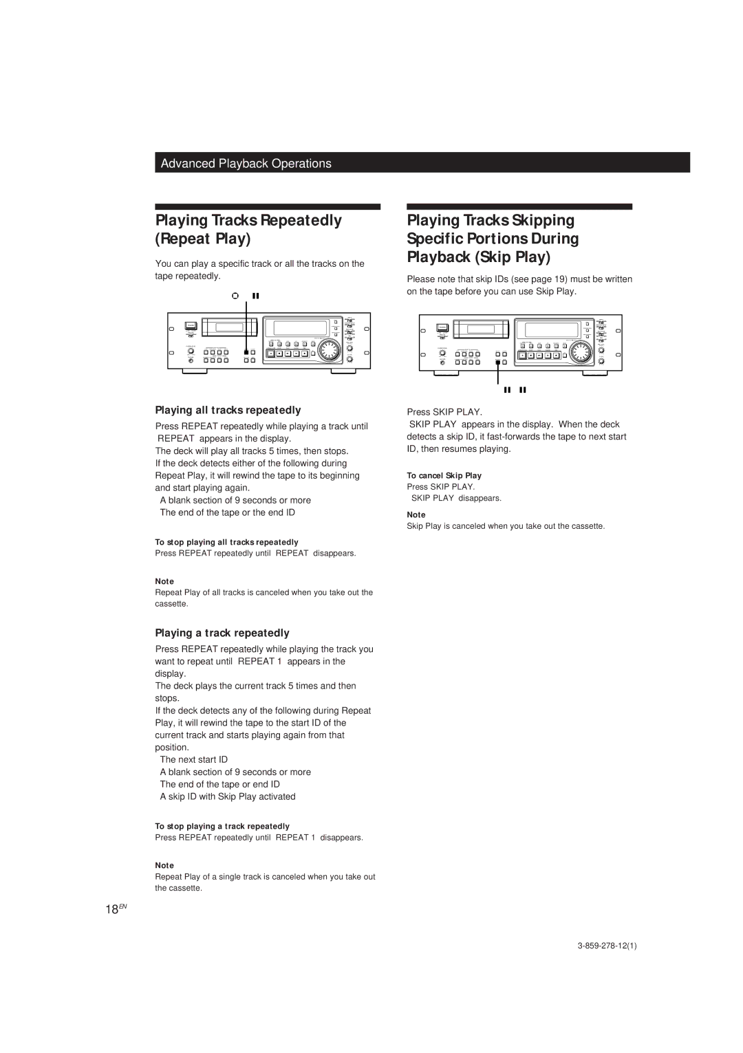 Sony PCM-R500 manual Playing Tracks Repeatedly Repeat Play, Playing all tracks repeatedly, Playing a track repeatedly, 18EN 