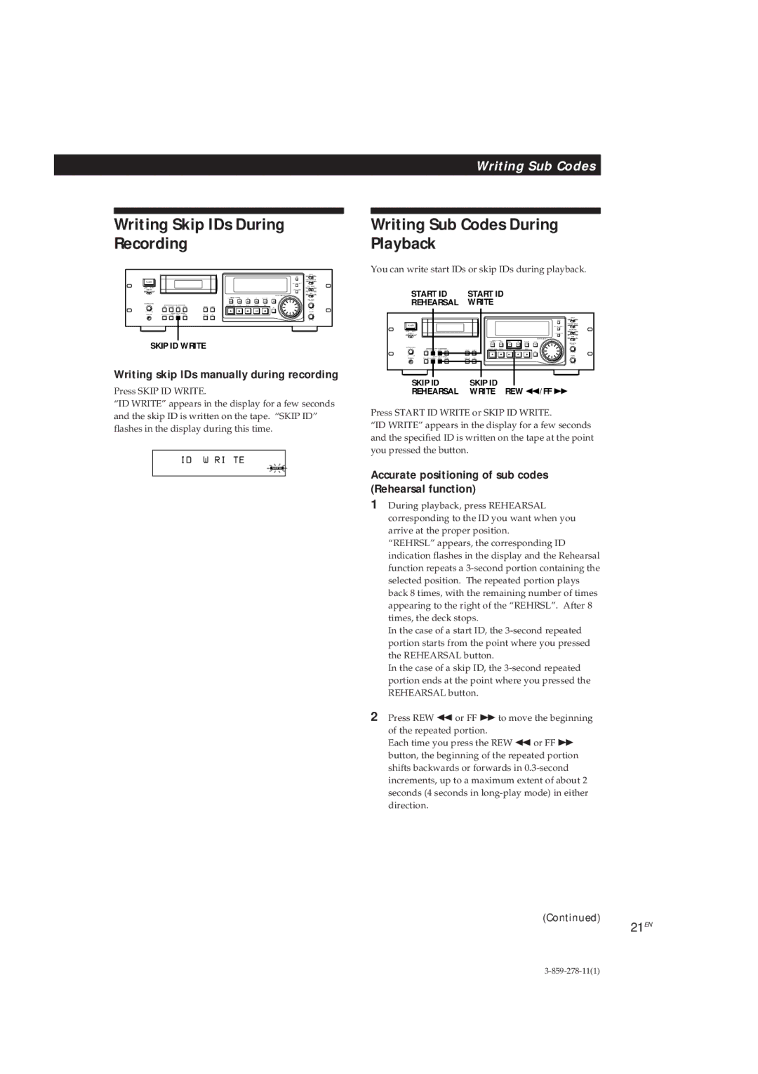 Sony PCM-R700, PCM-R500 manual Writing Skip IDs During Recording, Writing Sub Codes During Playback, 21EN 