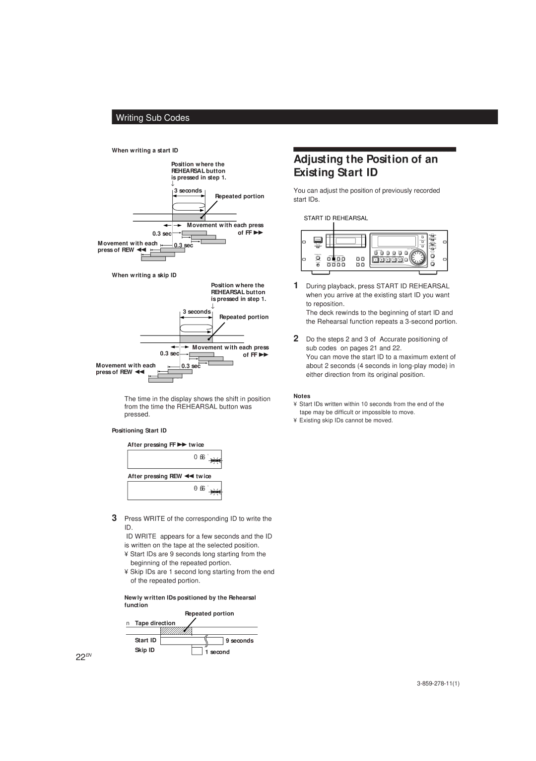 Sony PCM-R500, PCM-R700 manual Adjusting the Position of an Existing Start ID, 22EN, Start ID Rehearsal 