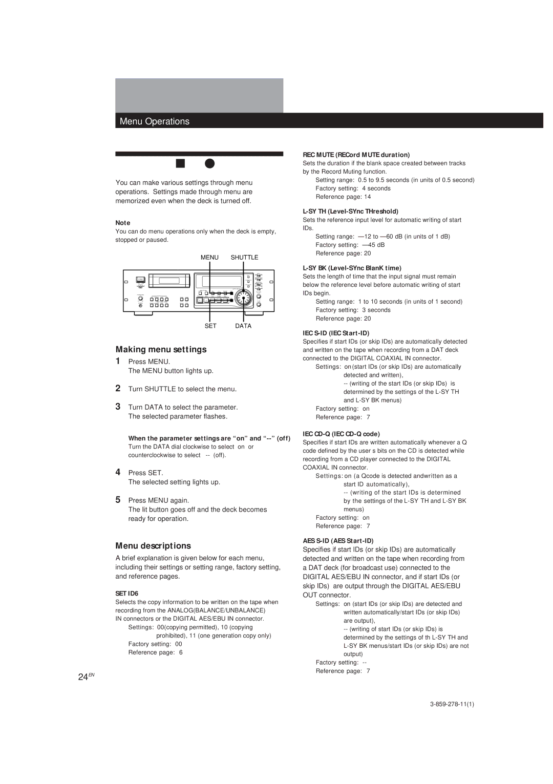 Sony PCM-R500, PCM-R700 manual Menu Operations, Making menu settings, Menu descriptions, 24EN, SET ID6 