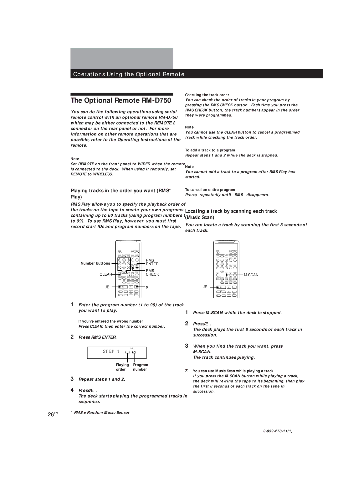 Sony PCM-R500, PCM-R700 manual Optional Remote RM-D750, Playing tracks in the order you want RMS* Play 