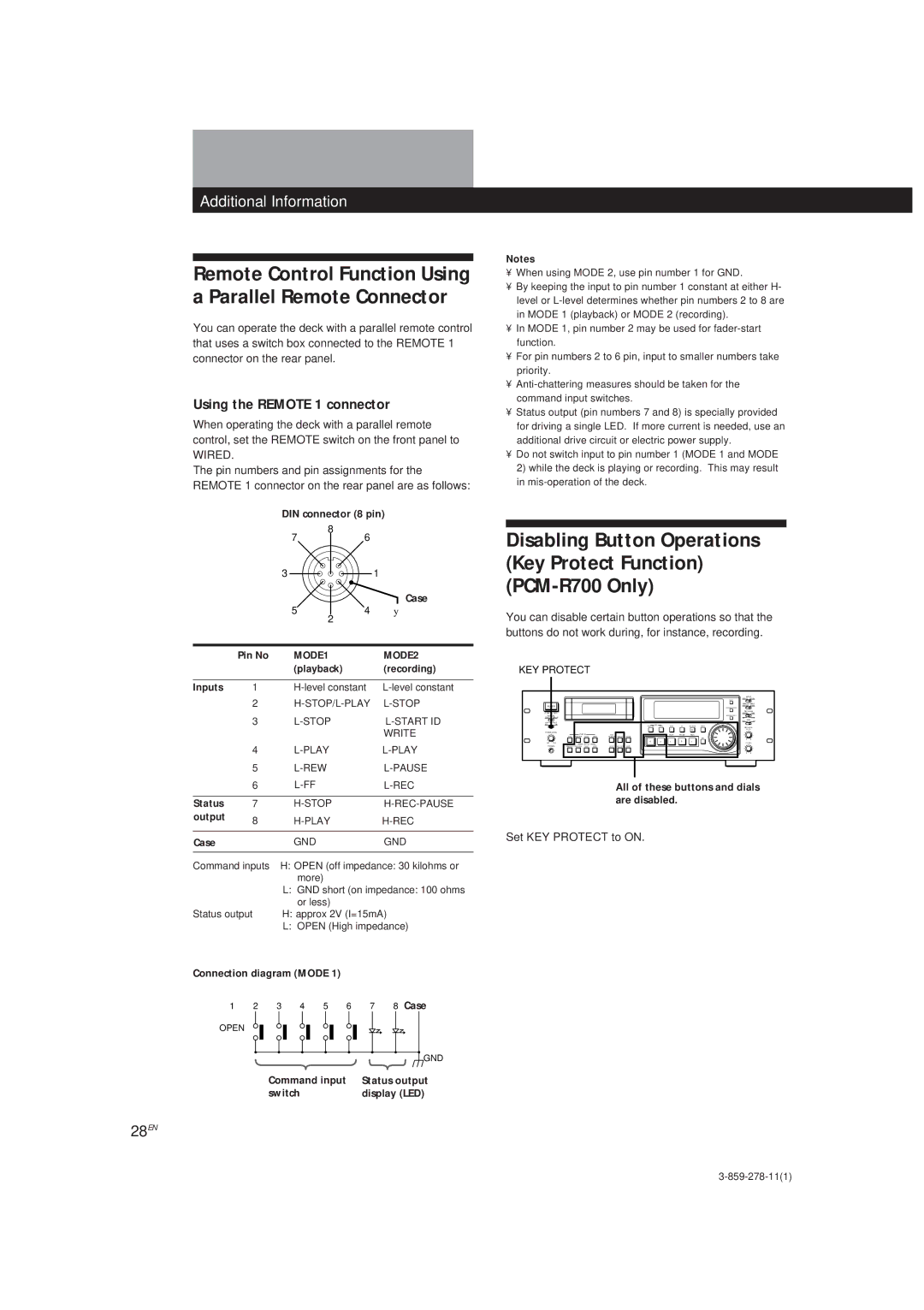 Sony PCM-R500, PCM-R700 manual Using the Remote 1 connector, 28EN, MODE1 MODE2 