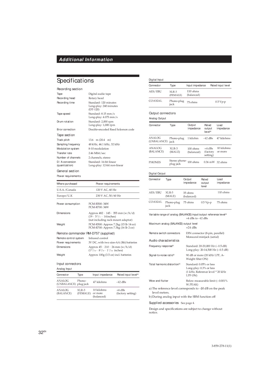 Sony PCM-R500, PCM-R700 manual Specifications, 32EN 