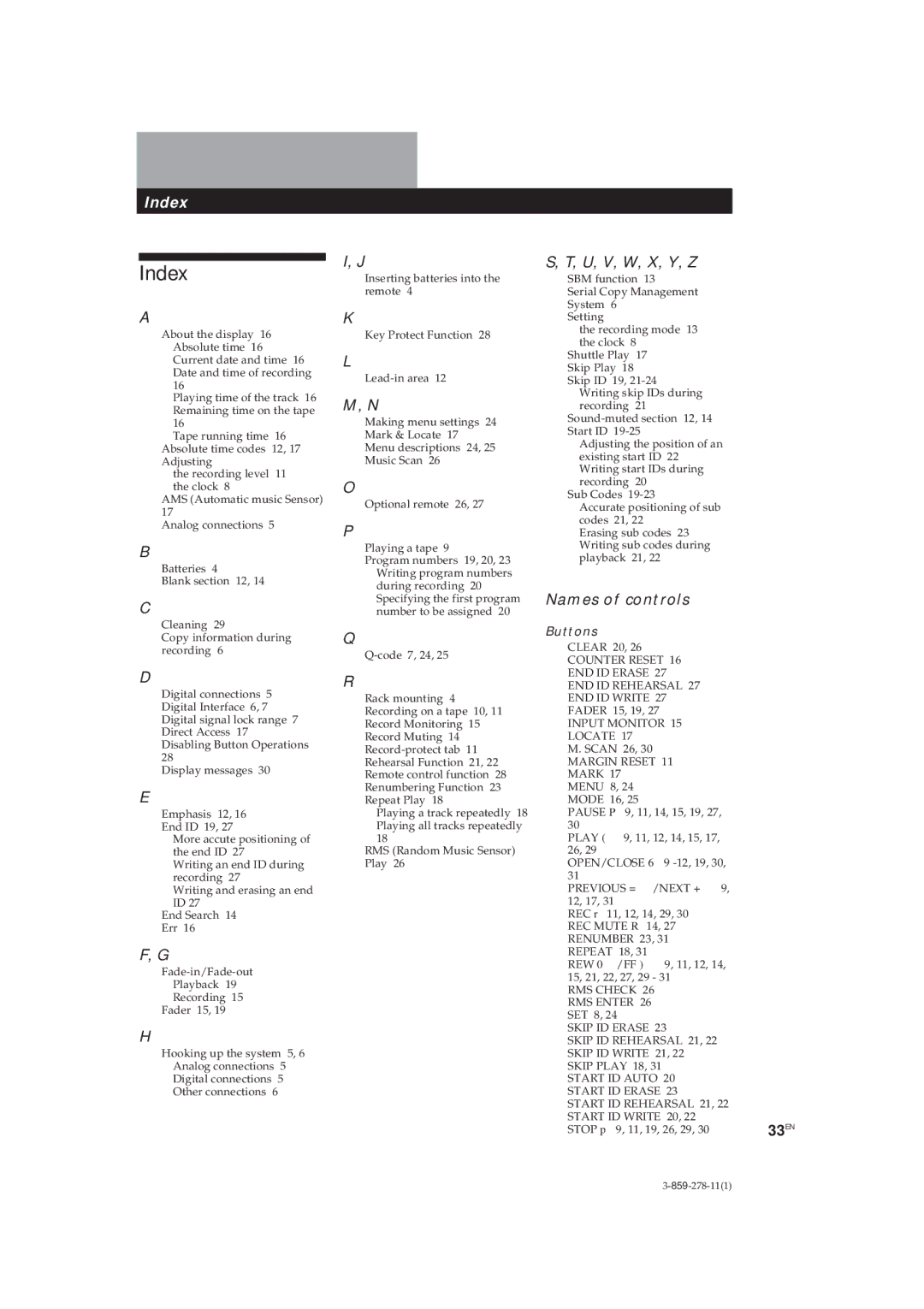 Sony PCM-R700, PCM-R500 manual Index, U, V, W, X, Y, Z, Names of controls 