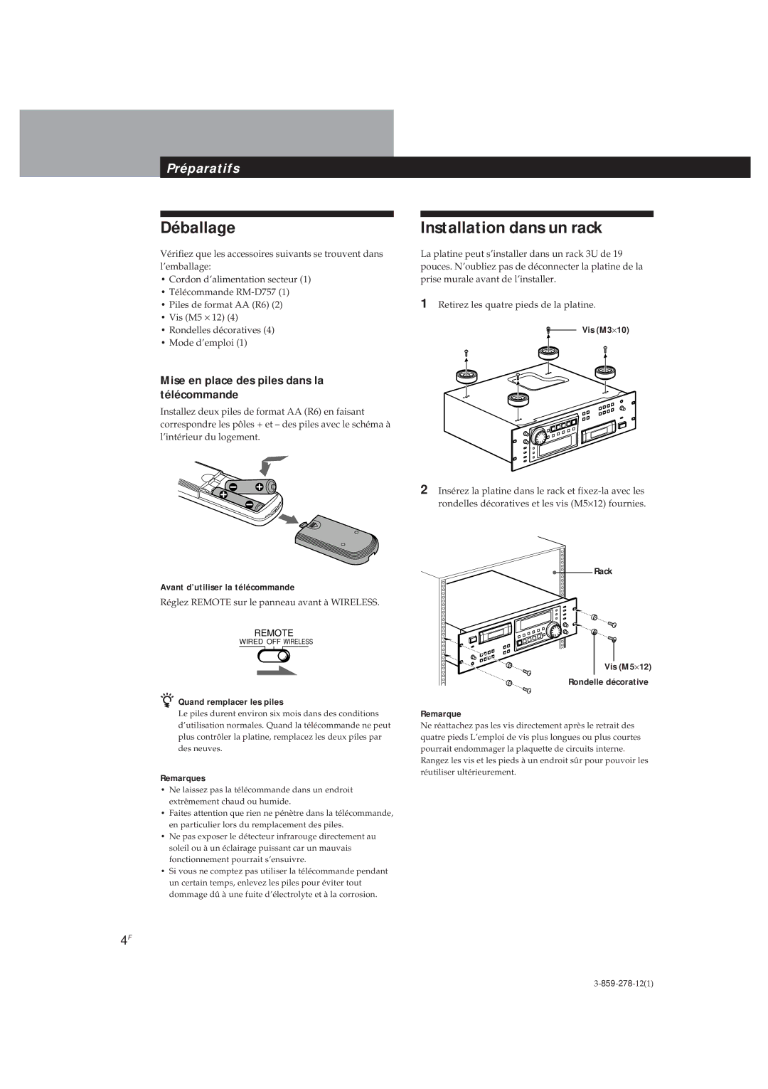Sony PCM-R500, PCM-R700 manual Déballage, Installation dans un rack, Mise en place des piles dans la télécommande 