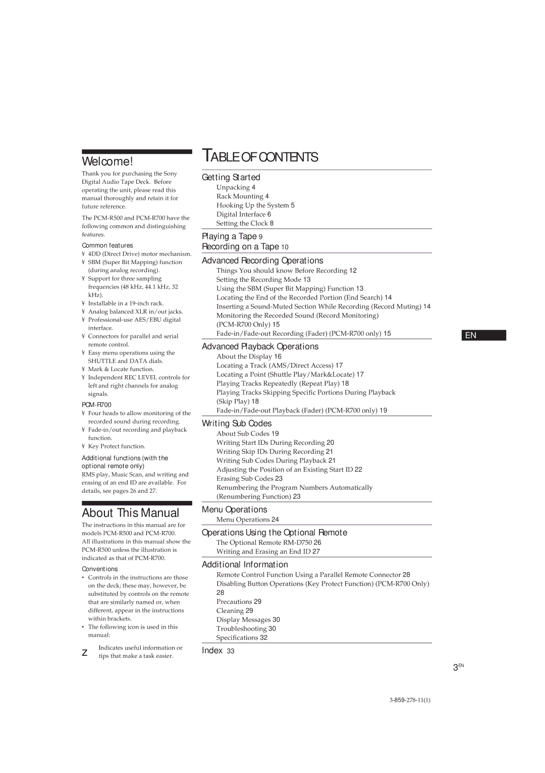 Sony PCM-R700, PCM-R500 manual Table of Contents 