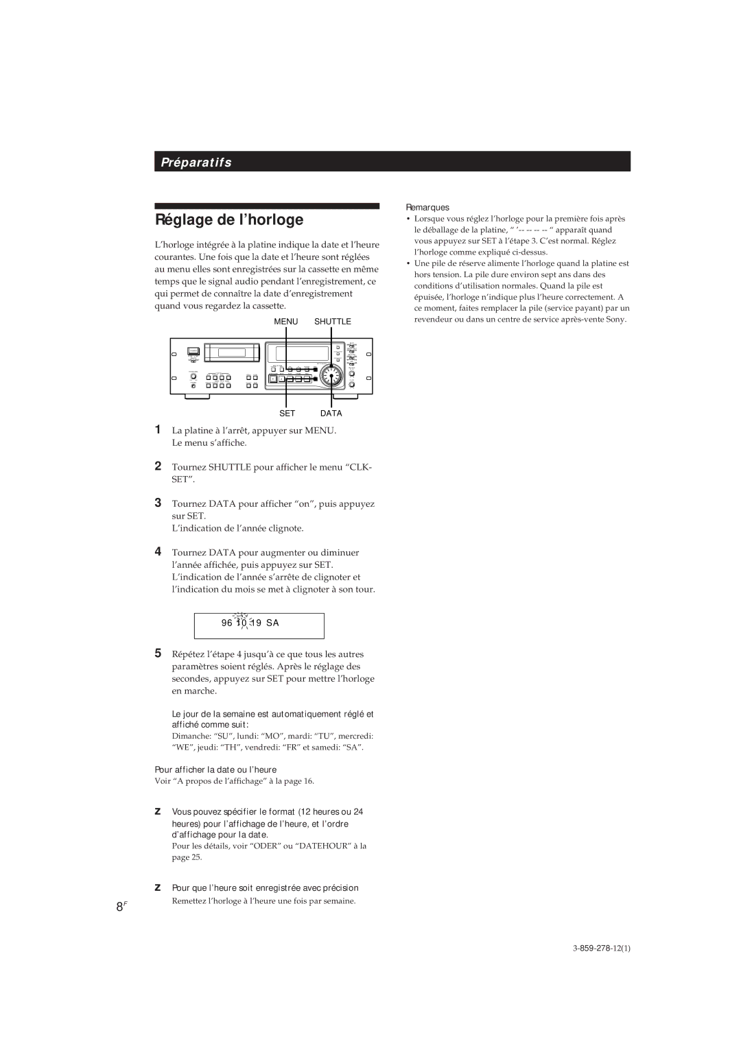 Sony PCM-R500 Réglage de l’horloge, Pour afficher la date ou l’heure, Pour que l’heure soit enregistrée avec précision 