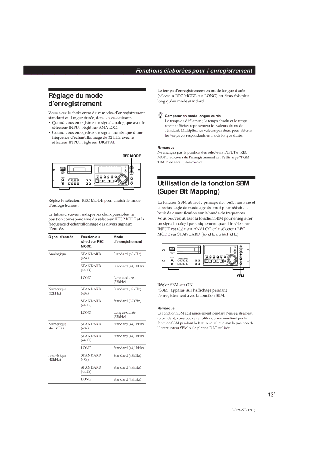 Sony PCM-R700, PCM-R500 manual Utilisation de la fonction SBM Super Bit Mapping, Réglage du mode d’enregistrement, 13F, Mode 