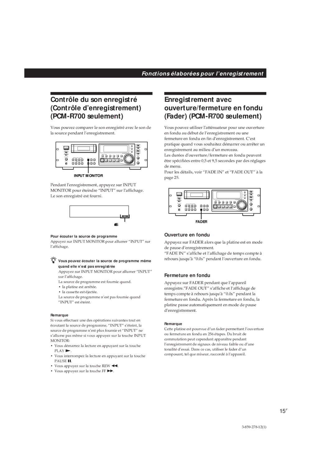 Sony PCM-R700, PCM-R500 manual Ouverture en fondu, Fermeture en fondu, 15F, Pour écouter la source de programme, NteiétS’ 