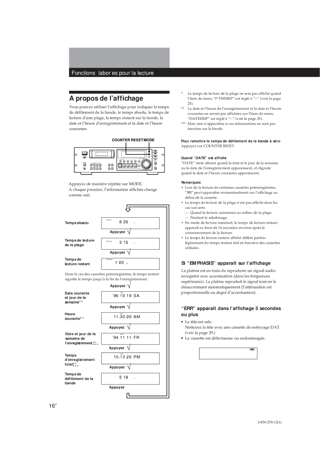 Sony PCM-R500, PCM-R700 manual Propos de l’affichage, ERR apparaît dans l’affichage 5 secondes, Ou plus, 16F 