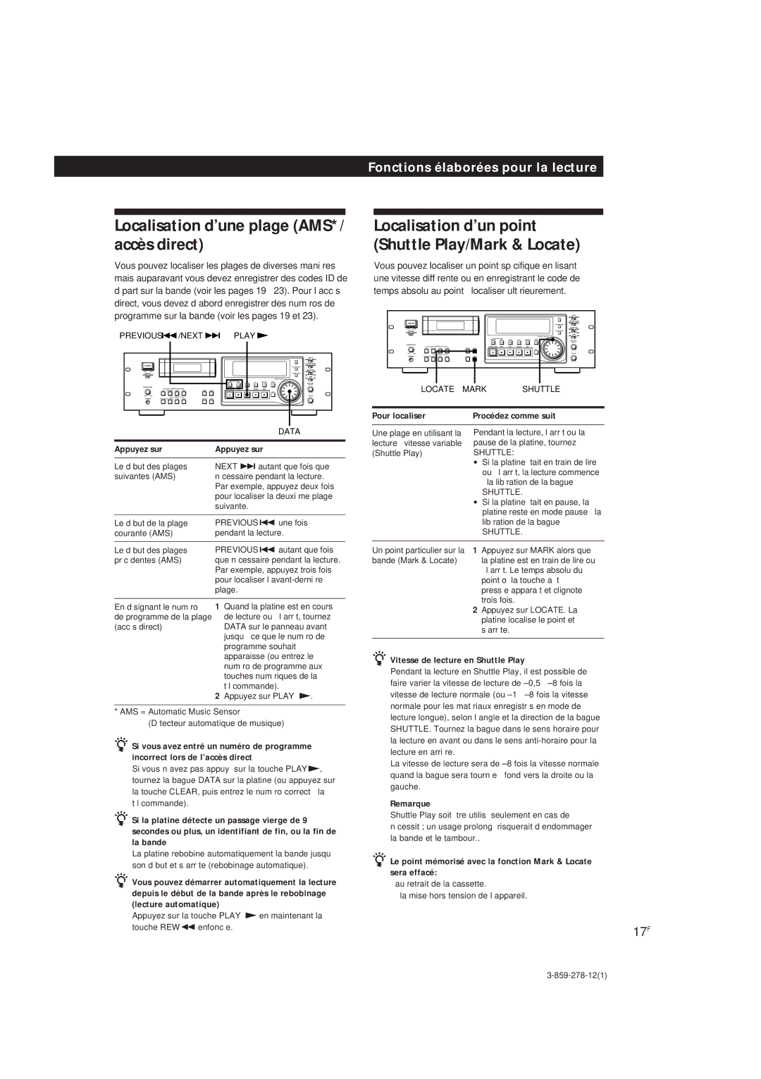 Sony PCM-R700, PCM-R500 Localisation d’une plage AMS*/ accès direct, 17F, Pour localiser Procédez comme suit, Sera effacé 