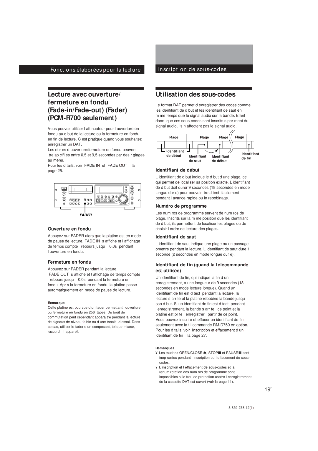 Sony PCM-R700, PCM-R500 manual Utilisation des sous-codes, Identifiant de début, Numéro de programme, Identifiant de saut 