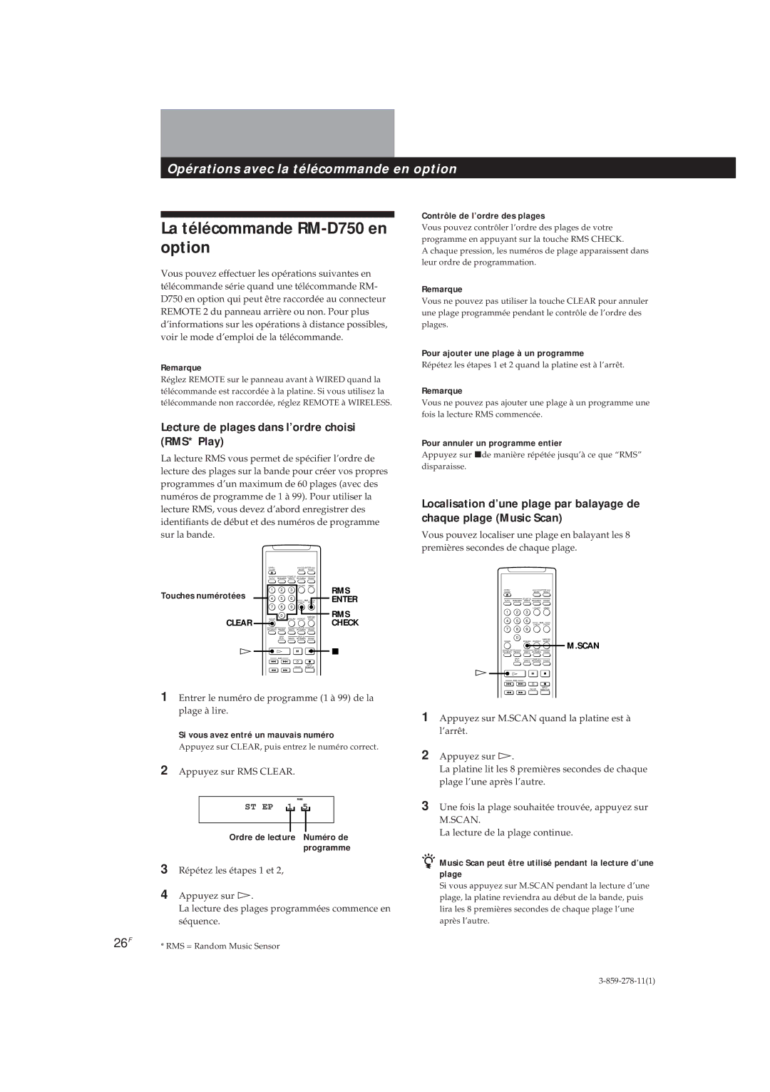 Sony PCM-R500, PCM-R700 manual La télécommande RM-D750 en option, Lecture de plages dans l’ordre choisi RMS* Play, 26F 